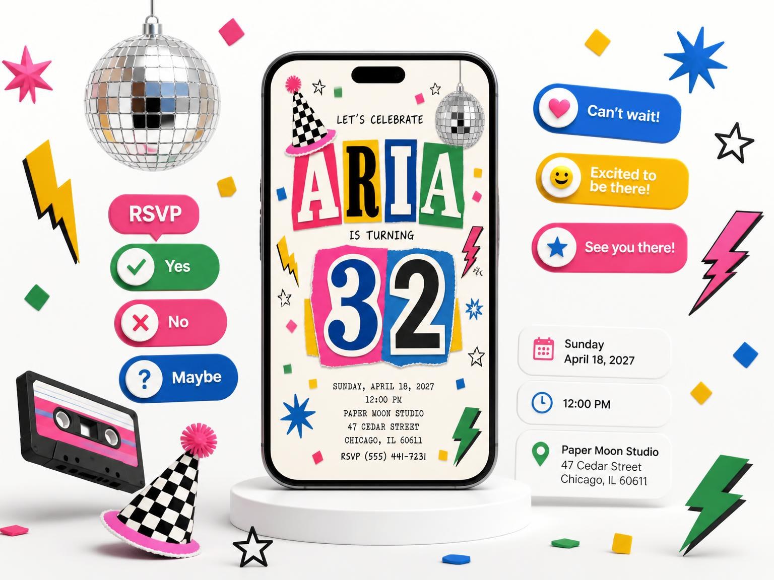 The Retro Paper Collage 32nd Birthday Invitation invitation on a phone, with guest RSVPs arriving around it