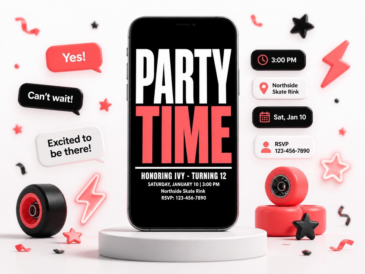 The Black and Coral 12th Birthday Invitation invitation on a phone, with guest RSVPs arriving around it