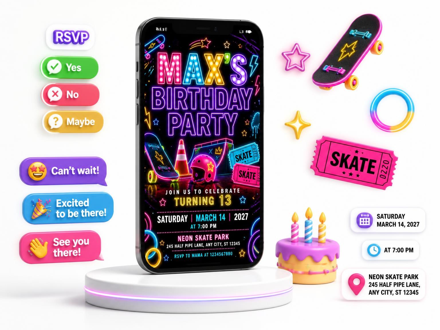 The Neon Skateboard 13th Birthday Invitation invitation on a phone, with guest RSVPs arriving around it