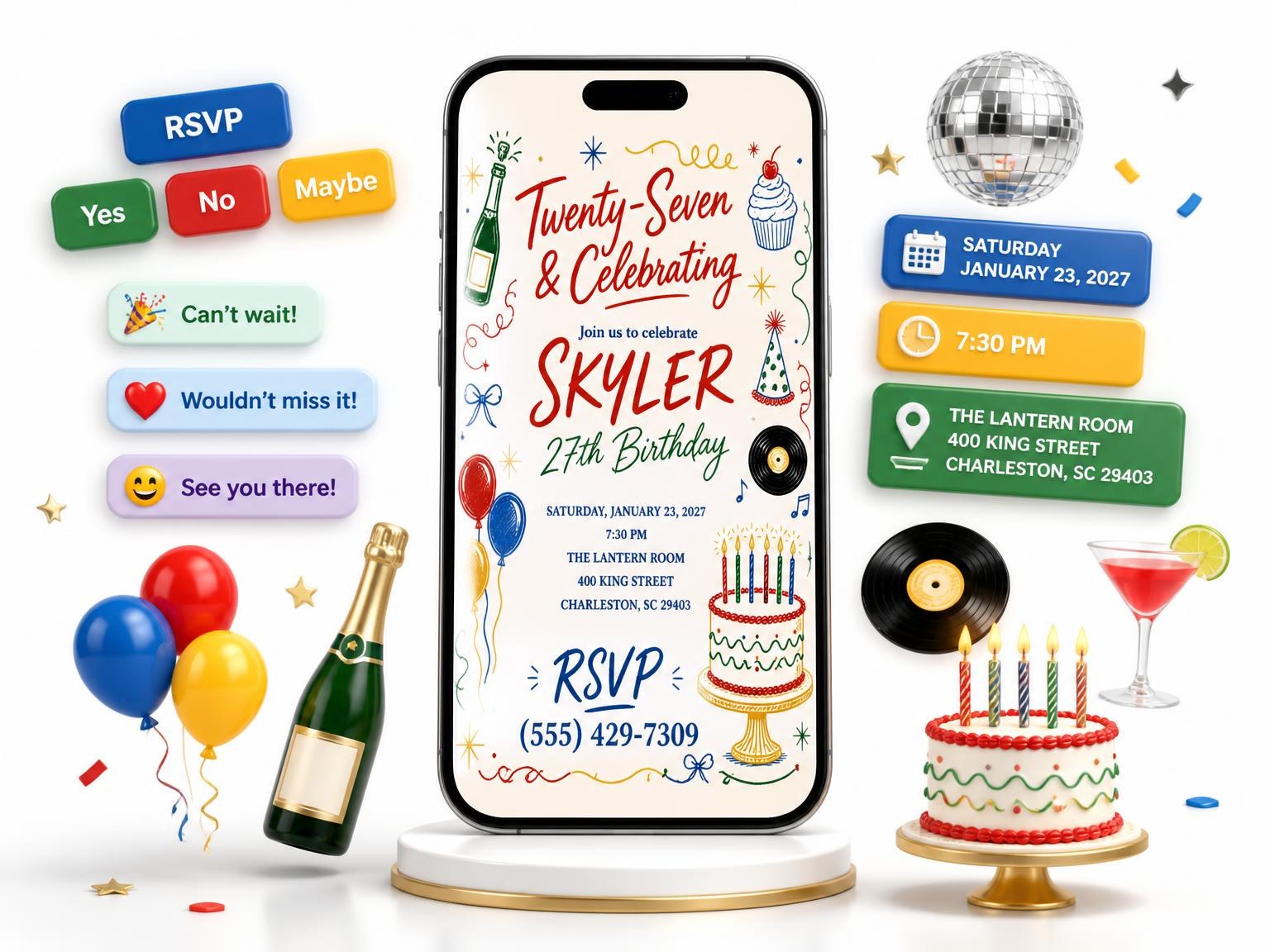 The Retro Doodle 27th Birthday Invitation invitation on a phone, with guest RSVPs arriving around it