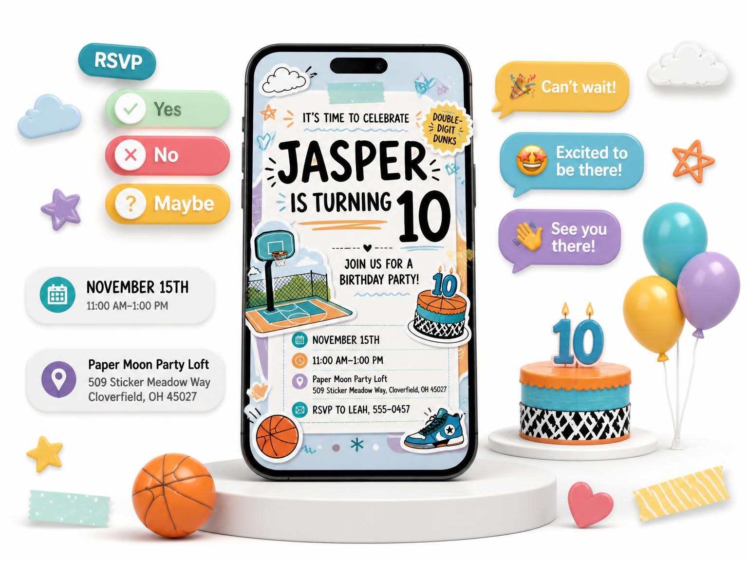 The Outdoor Court Pastel 10th Birthday Invitation invitation on a phone, with guest RSVPs arriving around it
