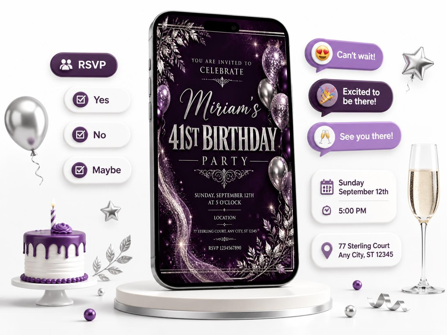 The Plum and Silver 41st Birthday Invitation invitation on a phone, with guest RSVPs arriving around it