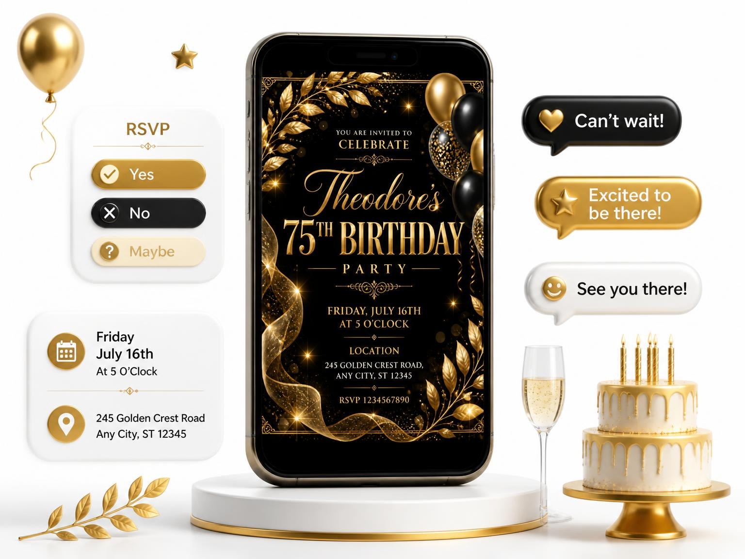The Black and Gold 75th Birthday Invitation invitation on a phone, with guest RSVPs arriving around it