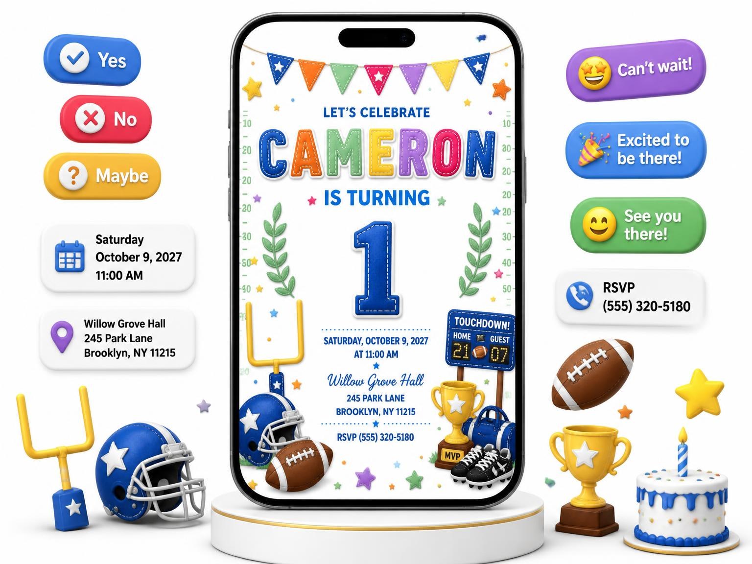 The Stitched Football 1st Birthday Invitation invitation on a phone, with guest RSVPs arriving around it