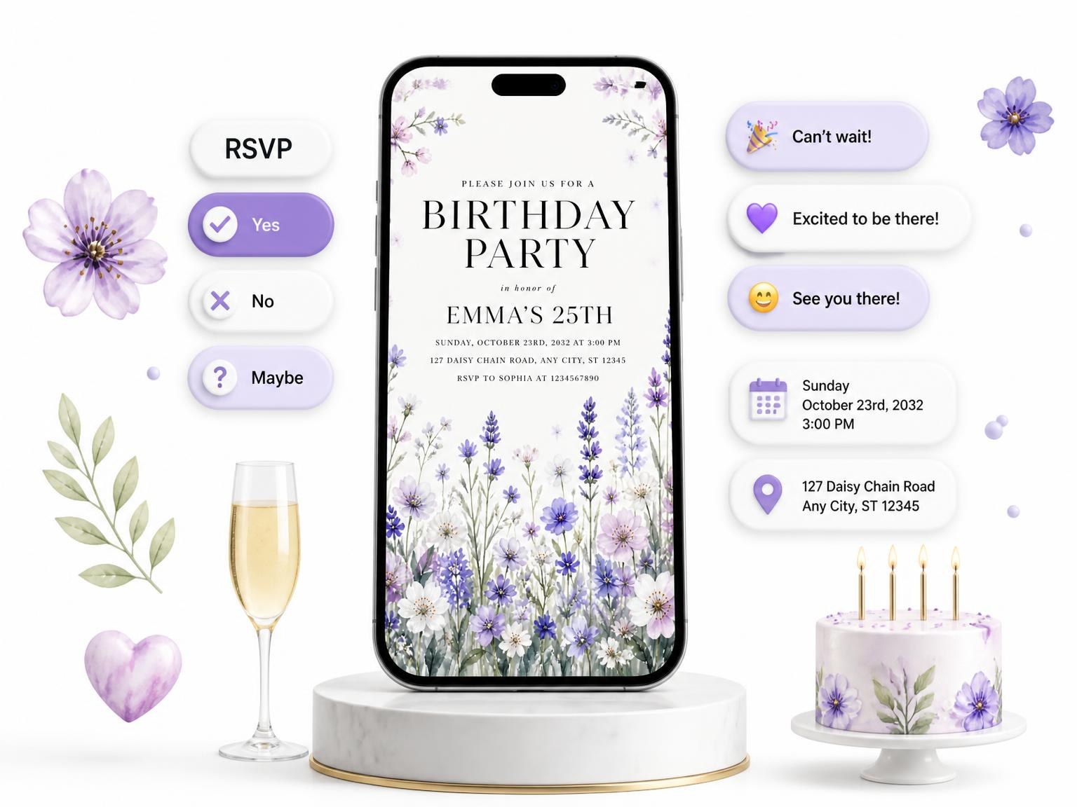 The Meadow Flowers Lavender 25th Birthday Invitation invitation on a phone, with guest RSVPs arriving around it