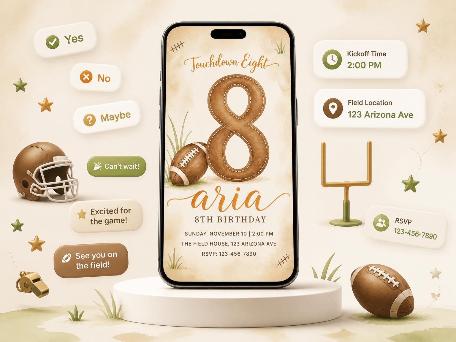 The Watercolor Football 8th Birthday Invitation invitation on a phone, with guest RSVPs arriving around it