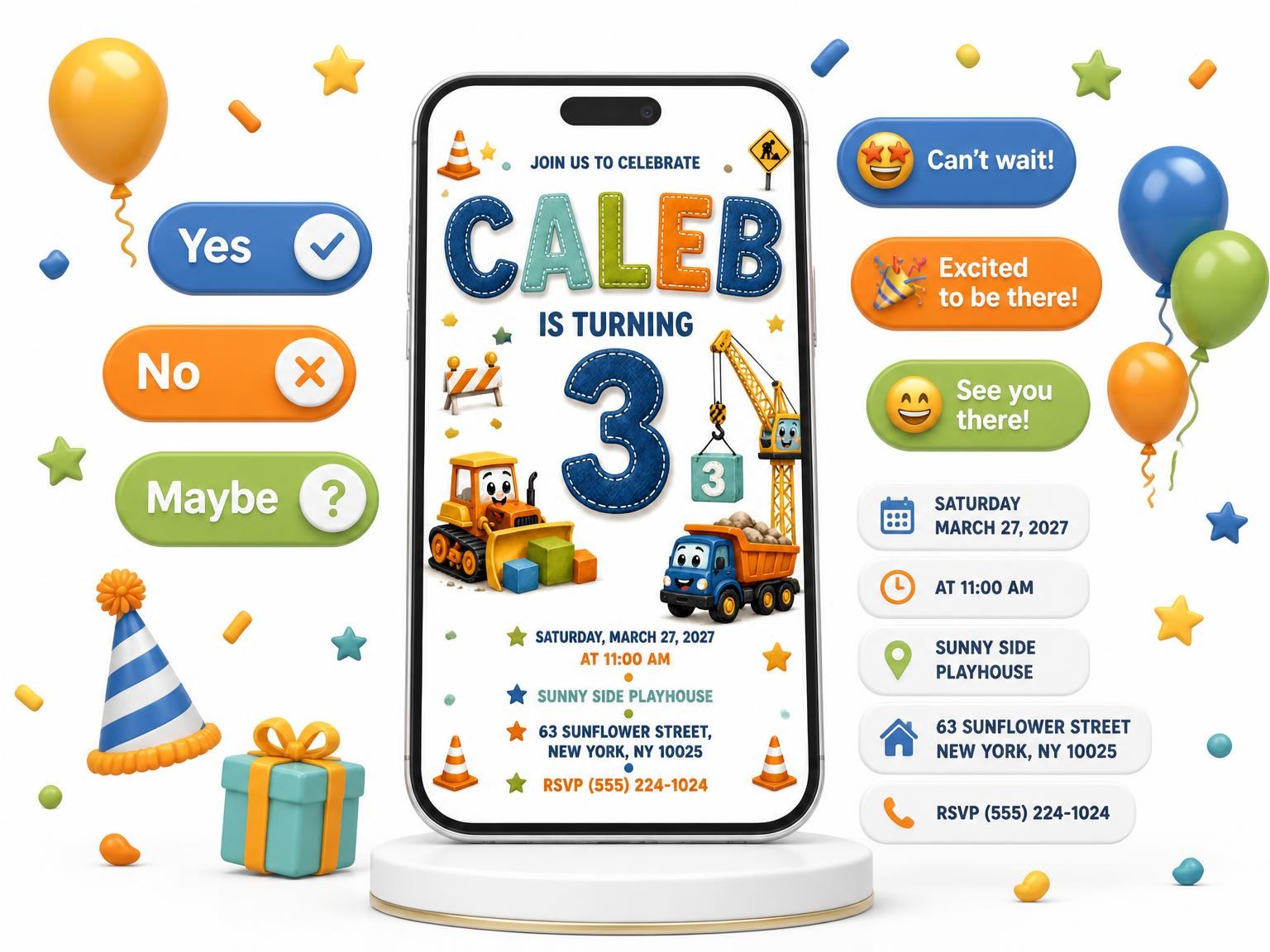 The Truck Crane Stitched 3rd Birthday Invitation invitation on a phone, with guest RSVPs arriving around it