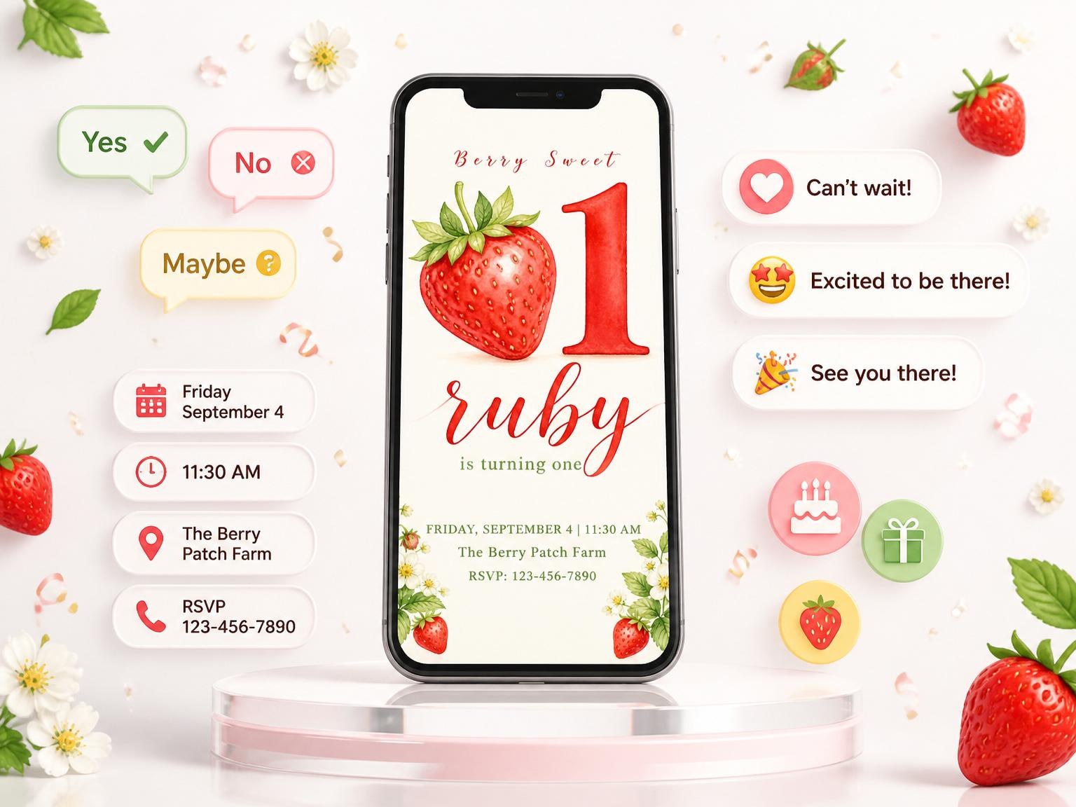 The Watercolor Strawberry First Birthday Invitation invitation on a phone, with guest RSVPs arriving around it