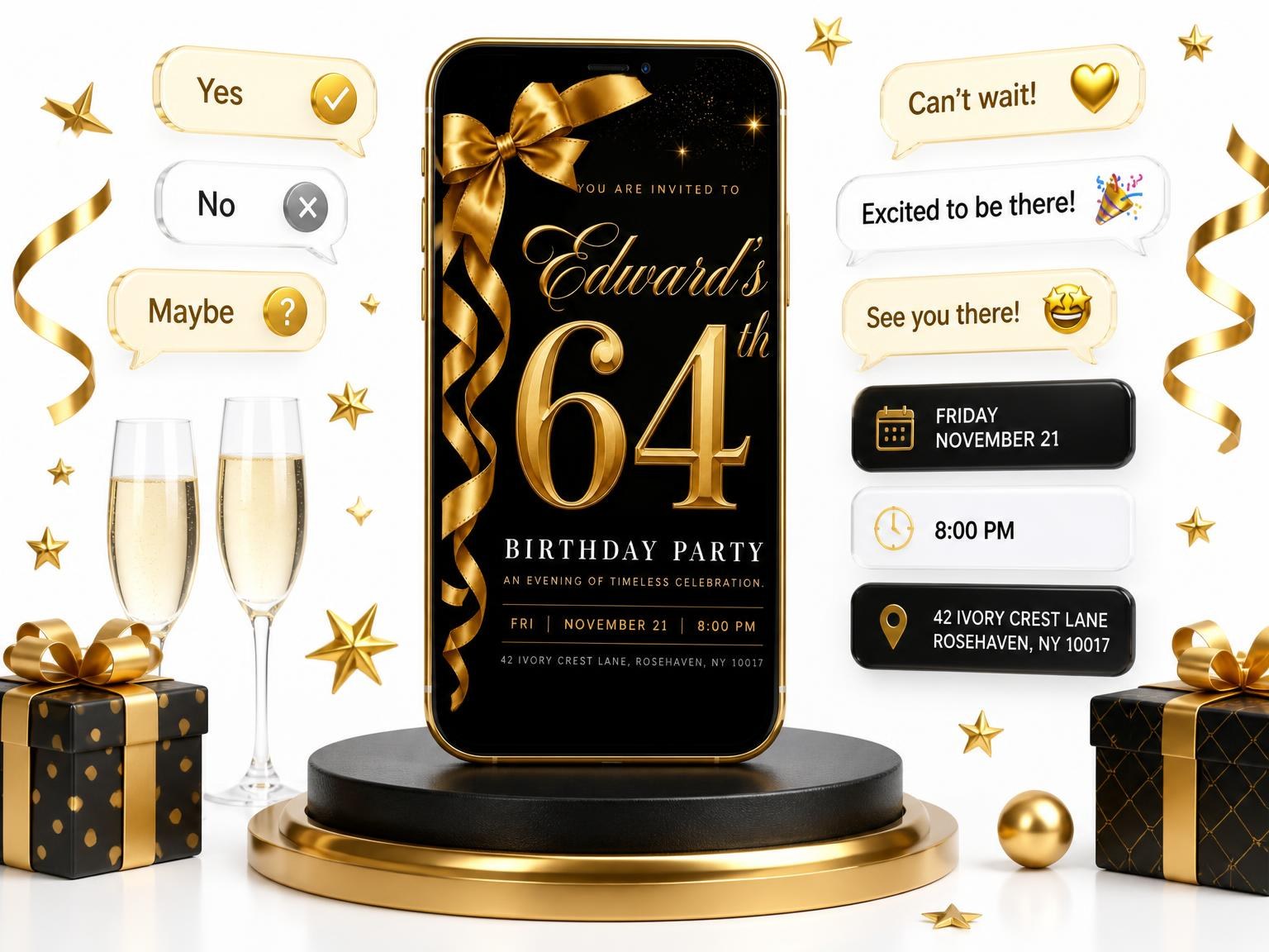 The Black and Gold Ribbon 64th Birthday Invitation invitation on a phone, with guest RSVPs arriving around it