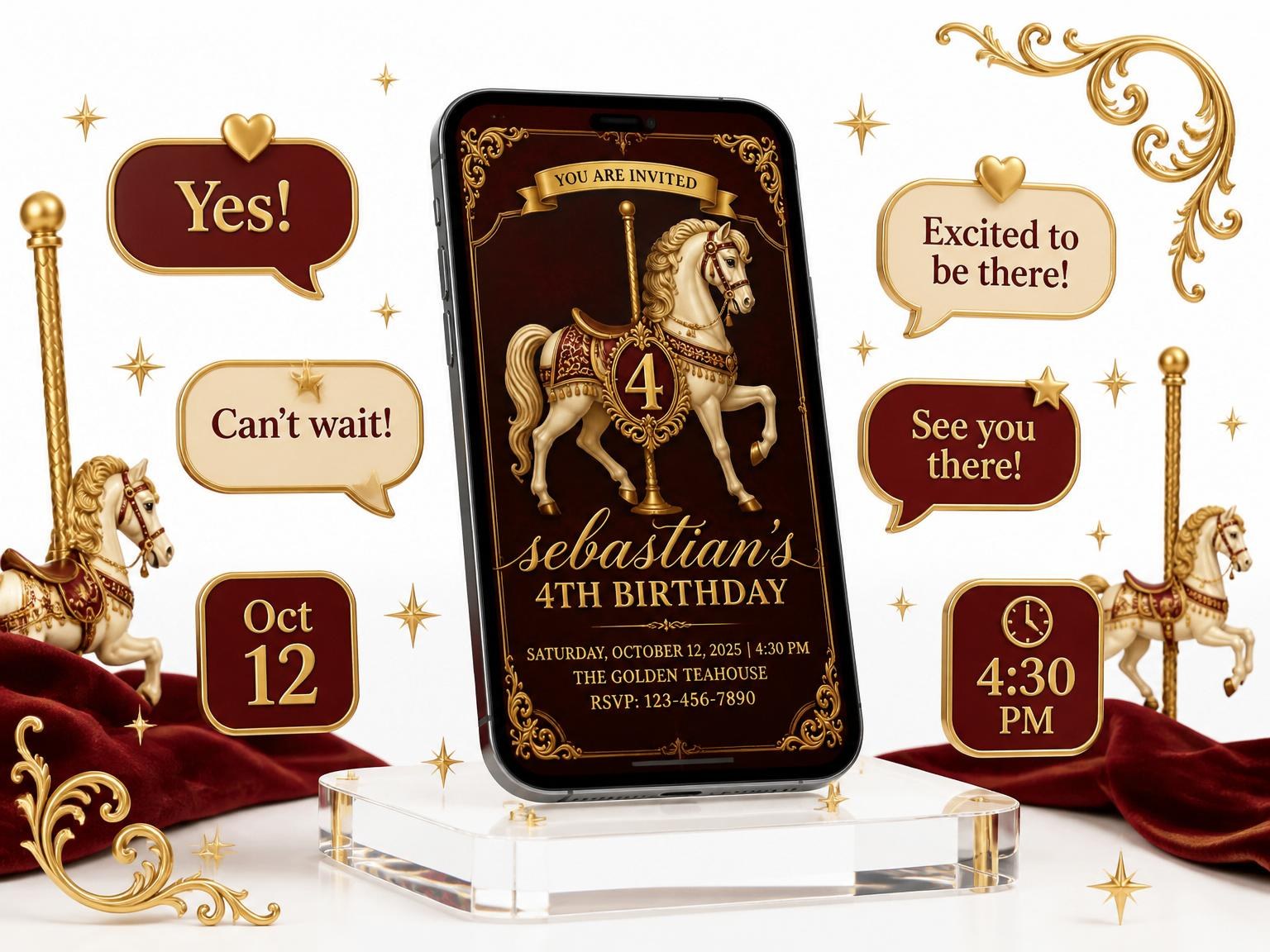 The Burgundy Gold Carousel 4th Birthday Invitation invitation on a phone, with guest RSVPs arriving around it