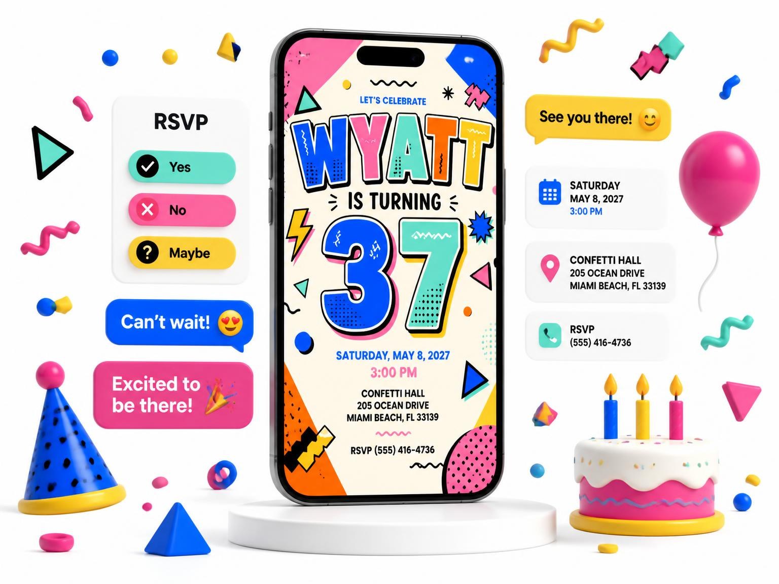 The Memphis Pop 37th Birthday Invitation invitation on a phone, with guest RSVPs arriving around it