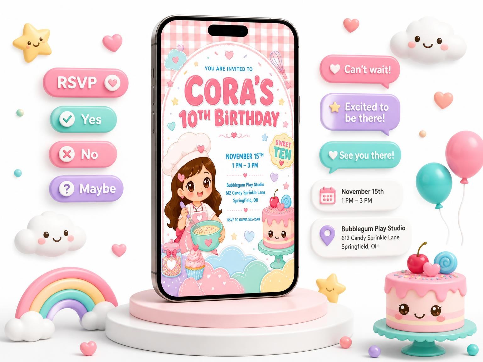 The Pastel Cake 10th Birthday Invitation invitation on a phone, with guest RSVPs arriving around it