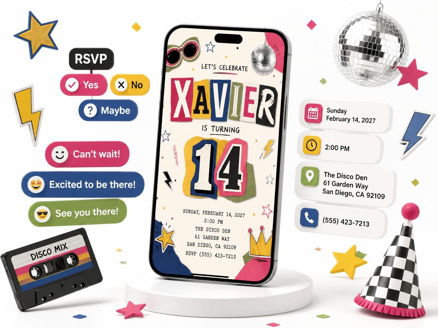 The Retro Paper Collage 14th Birthday Invitation invitation on a phone, with guest RSVPs arriving around it