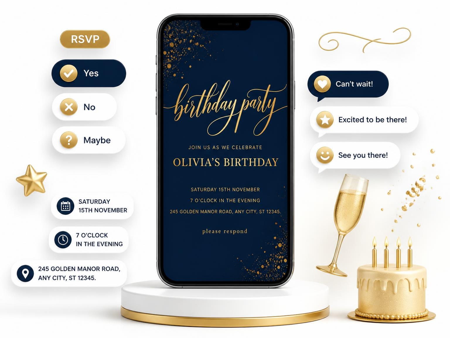 The Midnight Navy and Gold Birthday Invitation invitation on a phone, with guest RSVPs arriving around it