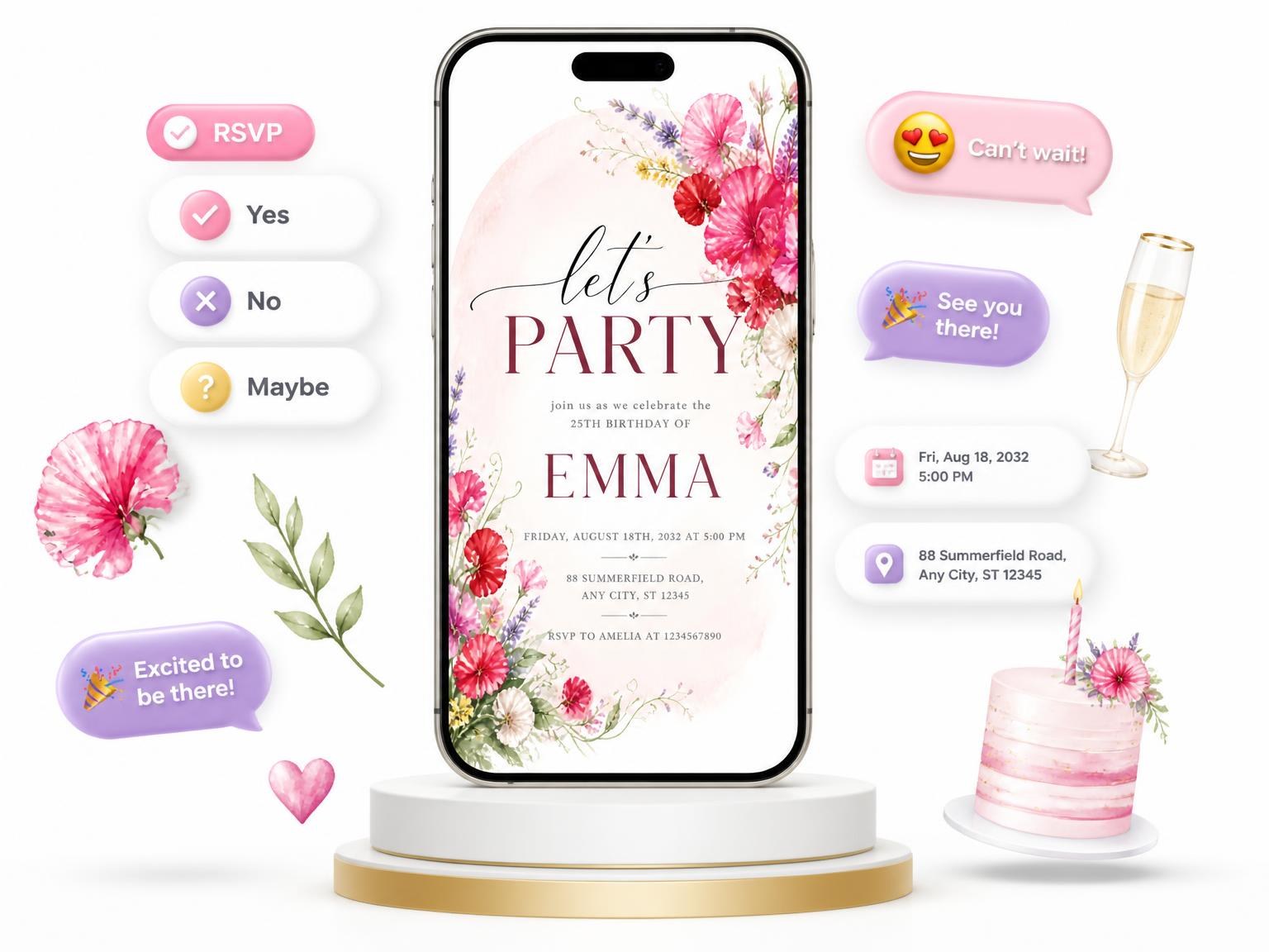 The Scarlet Floral Bouquet 25th Birthday Invitation invitation on a phone, with guest RSVPs arriving around it