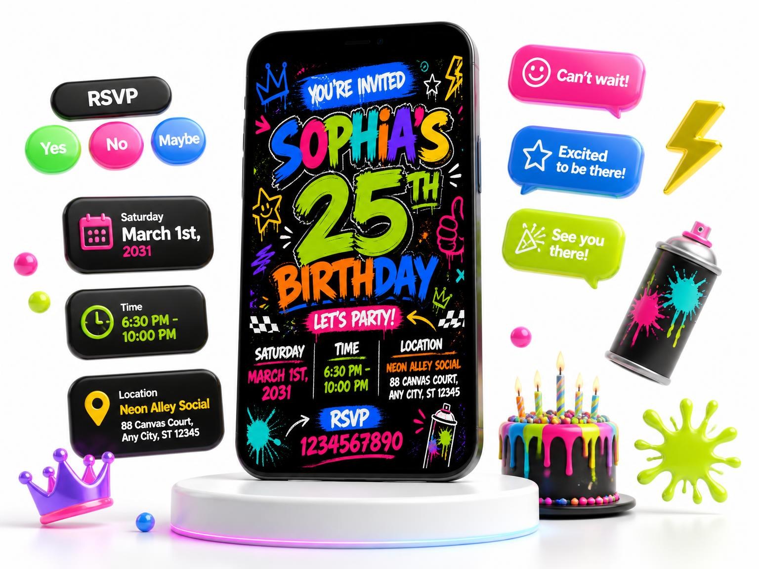 The Graffiti Street Art 25th Birthday Invitation invitation on a phone, with guest RSVPs arriving around it