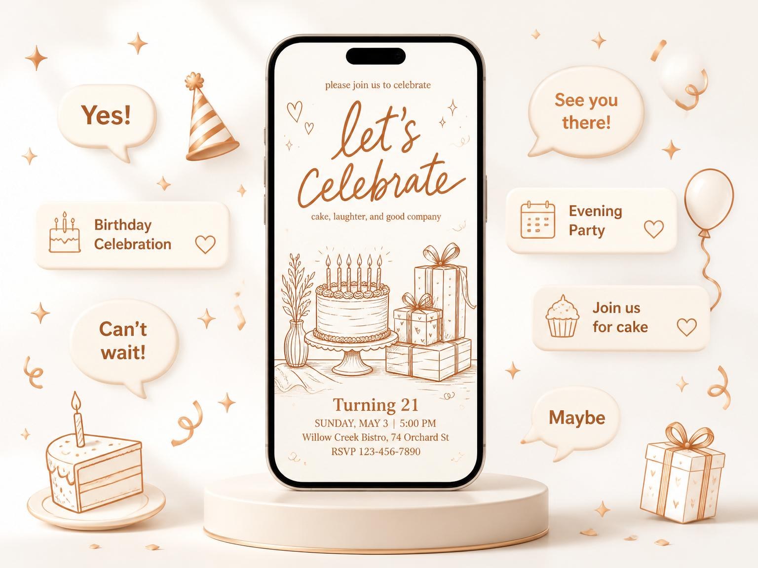 The Terracotta Line-Art 21st Birthday Cake Invitation invitation on a phone, with guest RSVPs arriving around it
