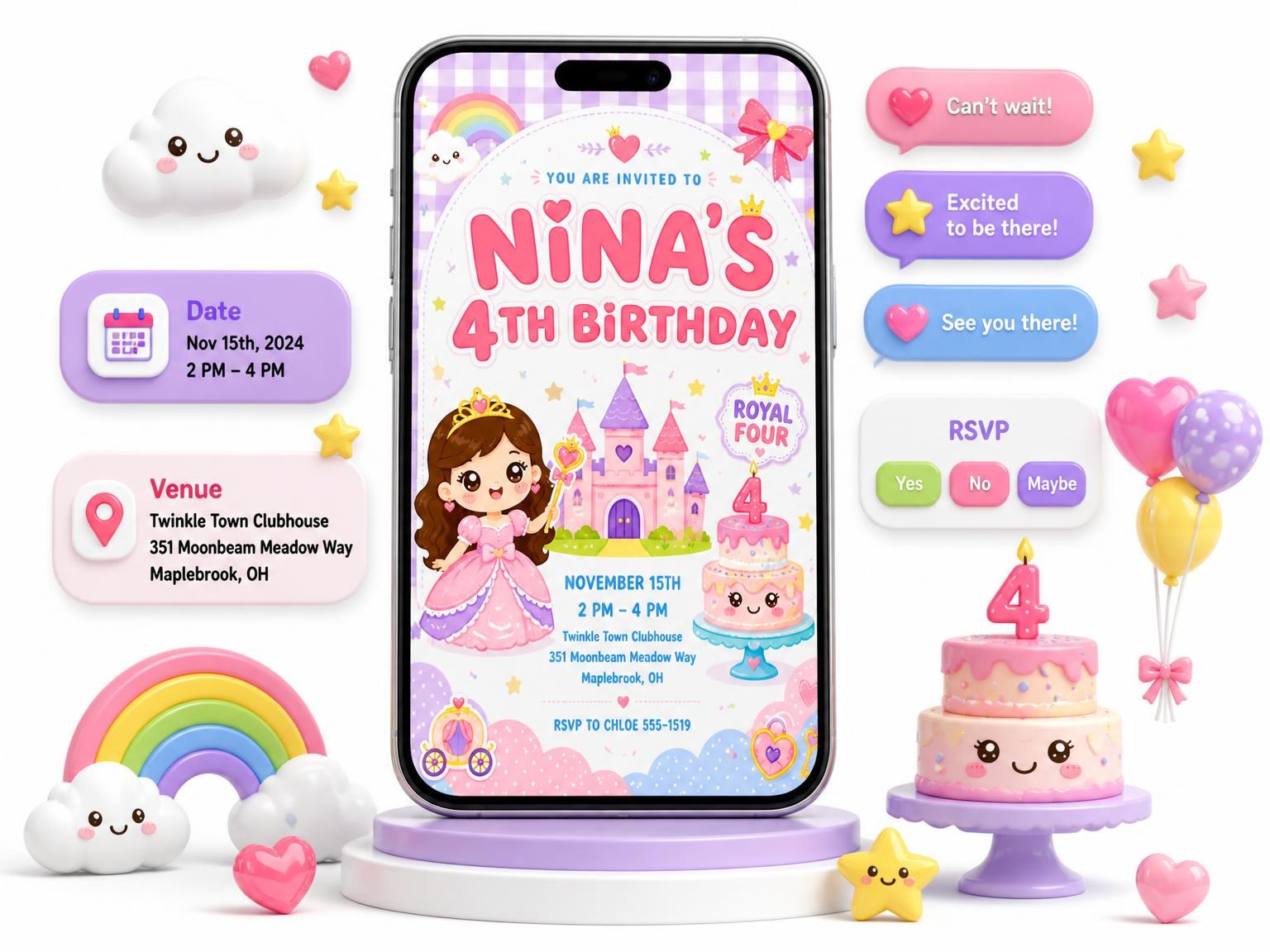 The Fairytale Castle Kawaii 4th Birthday Invitation invitation on a phone, with guest RSVPs arriving around it
