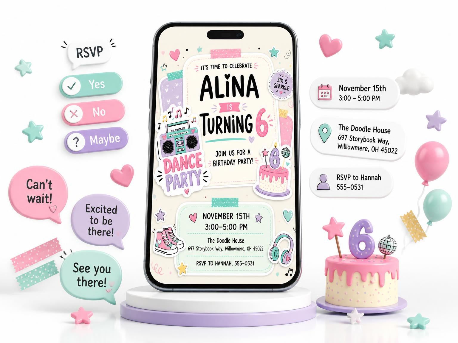 The Cassette Player Pastel 6th Birthday Invitation invitation on a phone, with guest RSVPs arriving around it