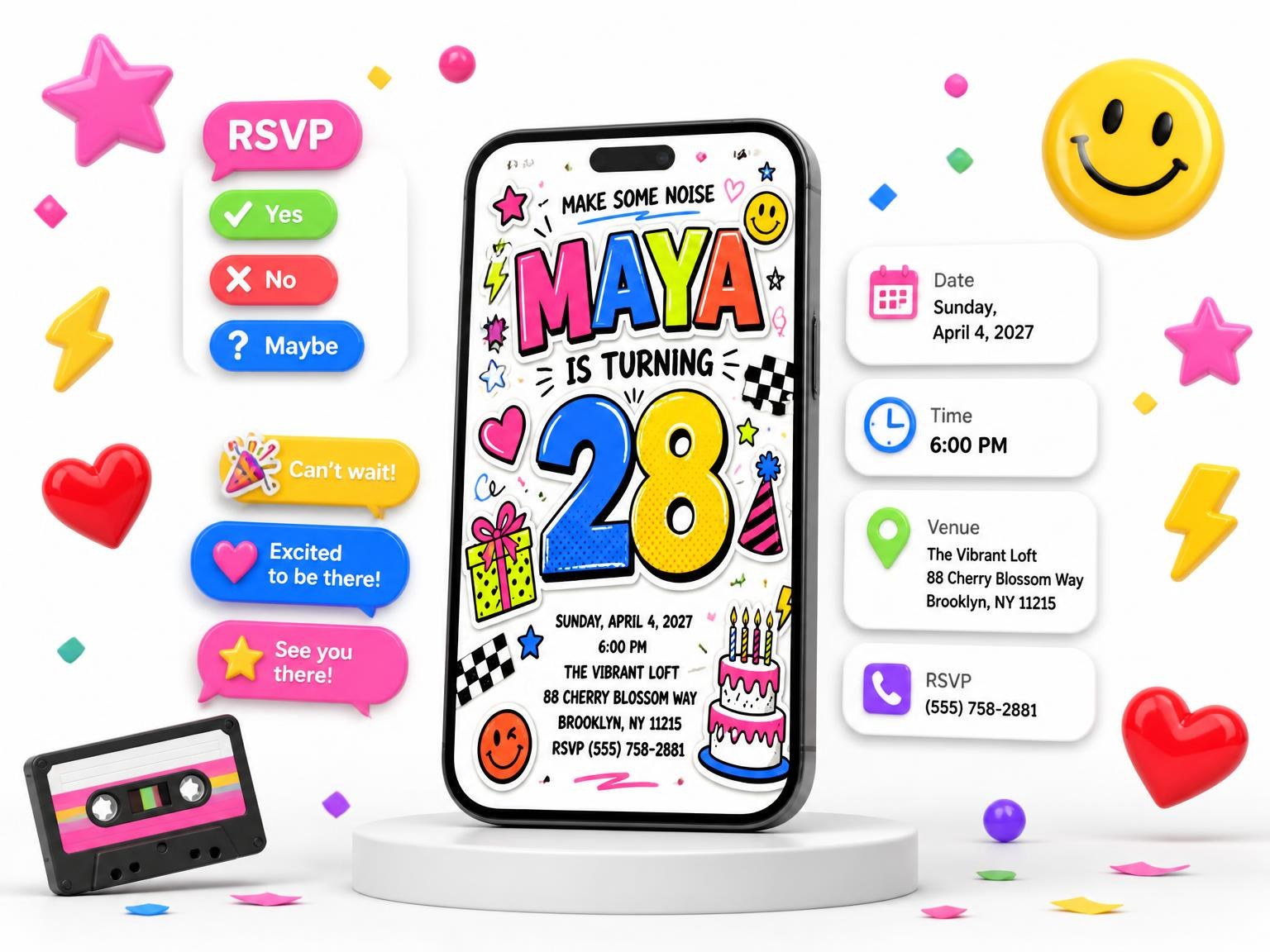 The Sticker Pop 28th Birthday Invitation invitation on a phone, with guest RSVPs arriving around it