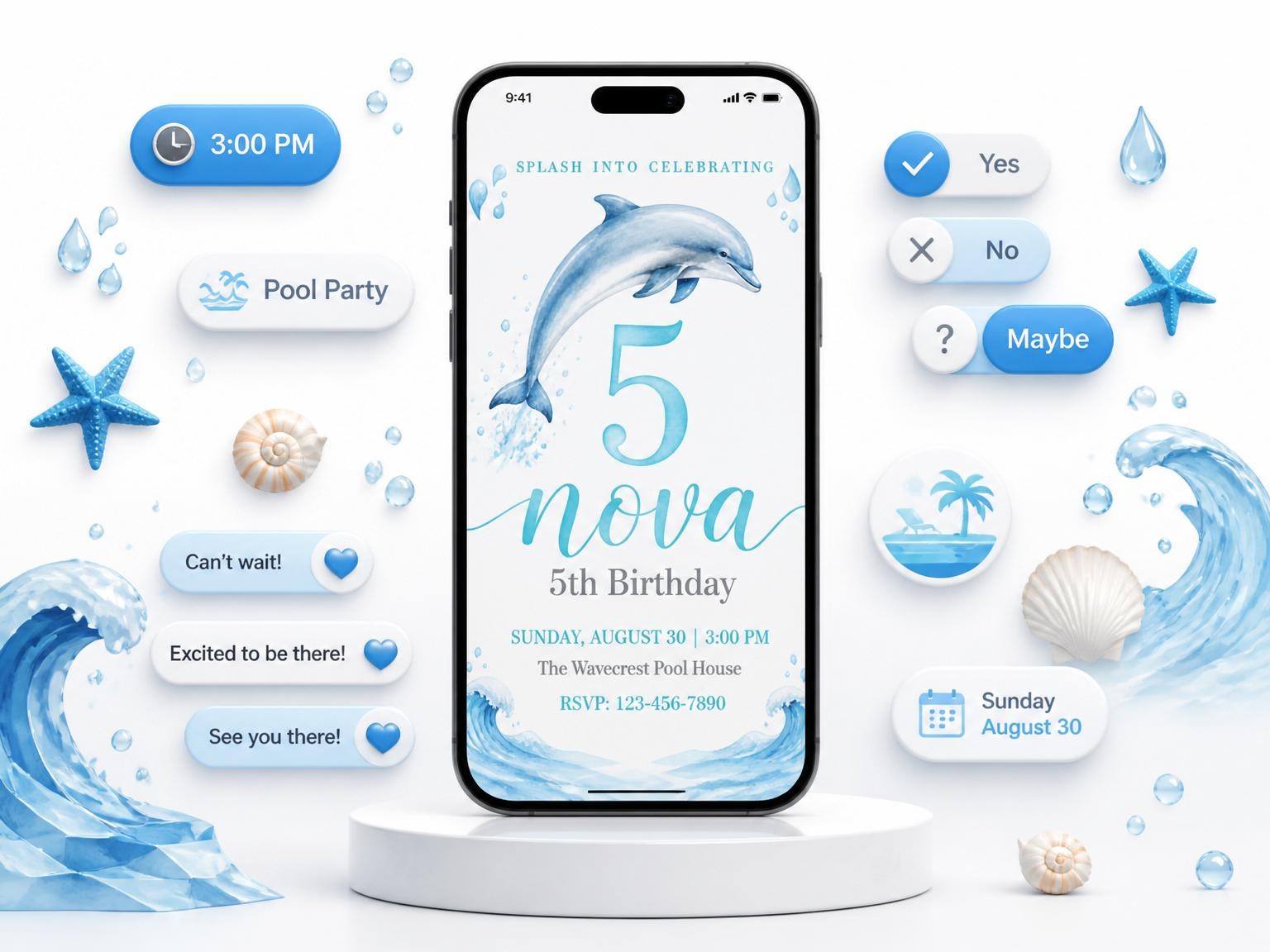 The Watercolor Dolphin 5th Birthday Invitation invitation on a phone, with guest RSVPs arriving around it