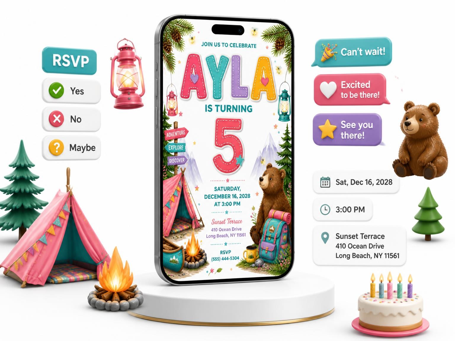 The Stitched Camping 5th Birthday Invitation invitation on a phone, with guest RSVPs arriving around it