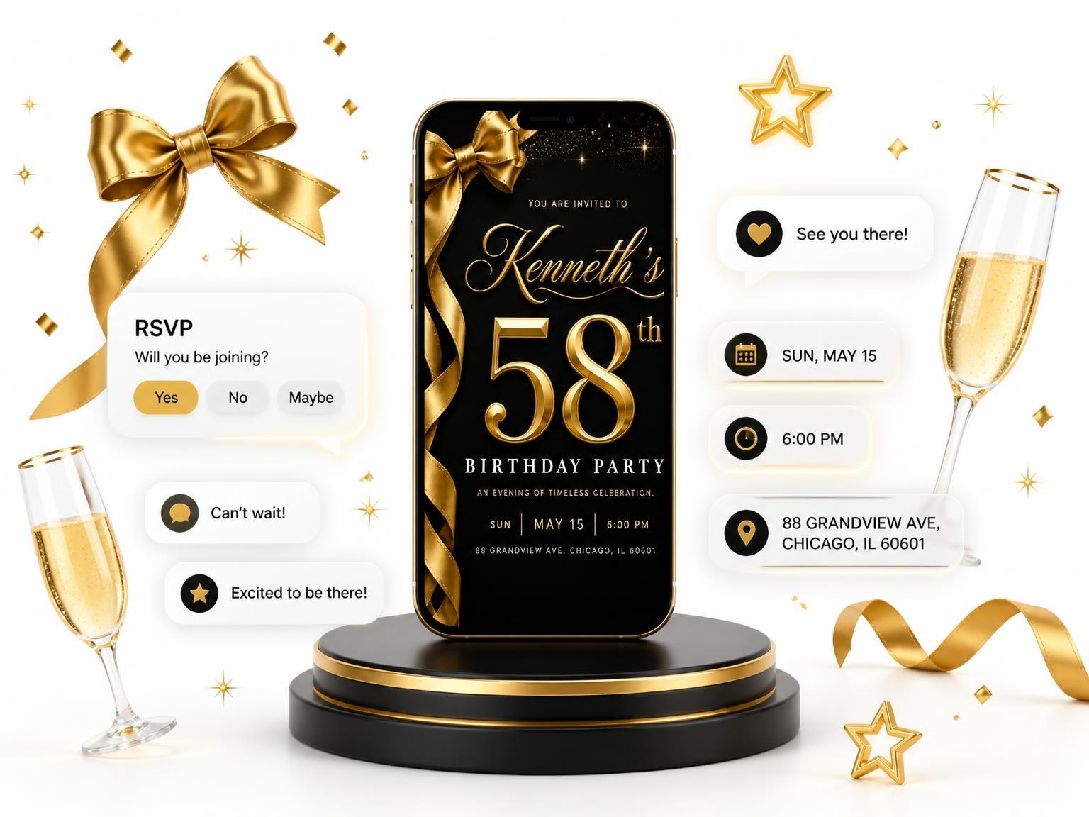 The Black and Gold Ribbon 58th Birthday Invitation invitation on a phone, with guest RSVPs arriving around it