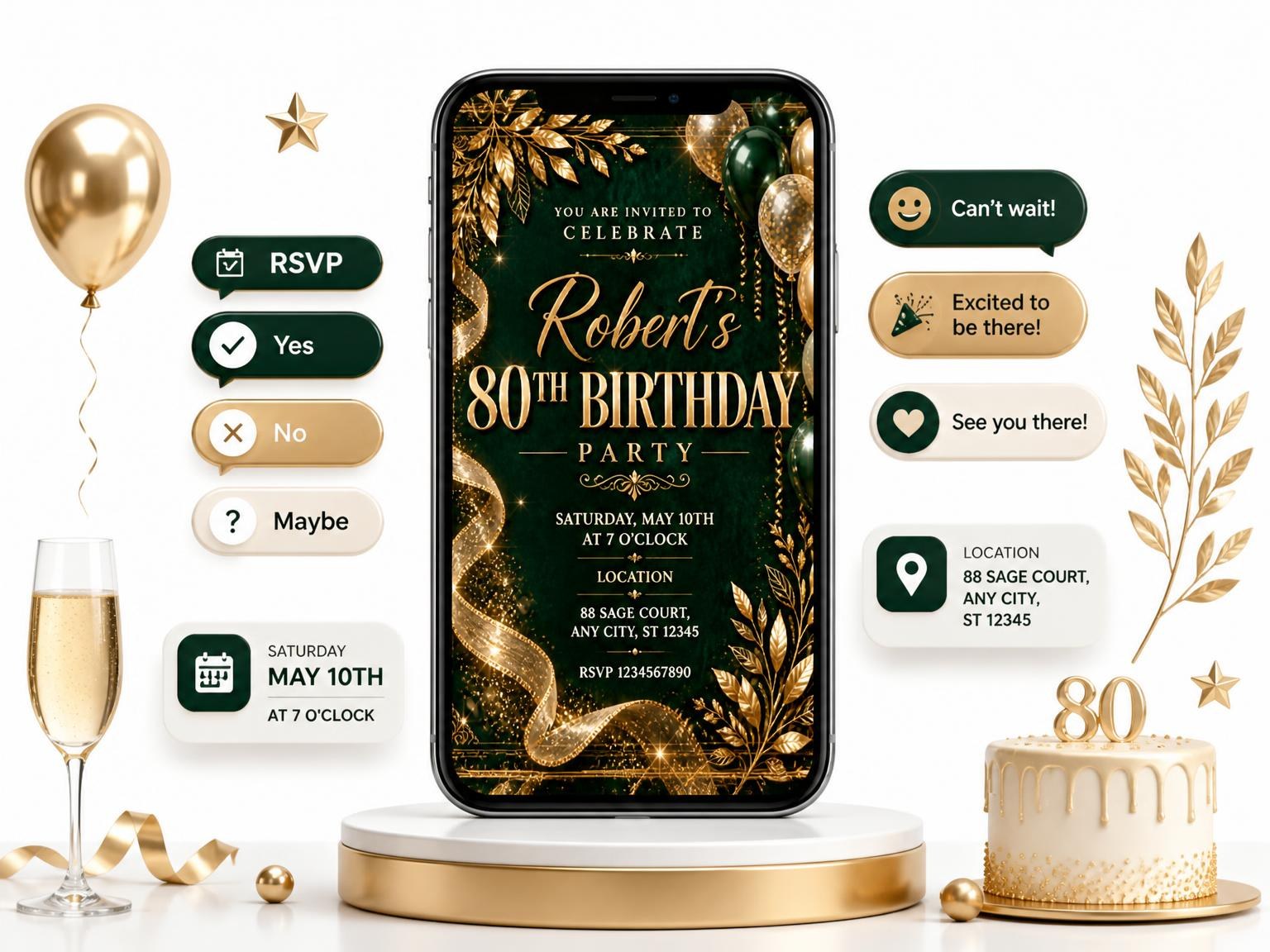 The Emerald and Champagne 80th Birthday Invitation invitation on a phone, with guest RSVPs arriving around it