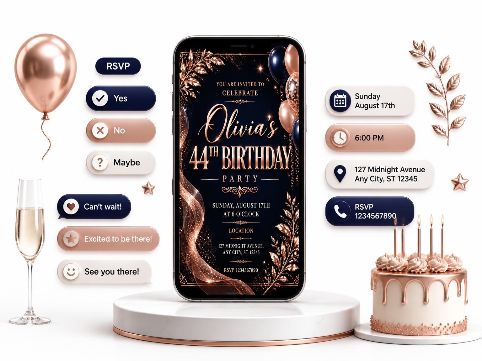The Navy and Rose Gold 44th Birthday Invitation invitation on a phone, with guest RSVPs arriving around it