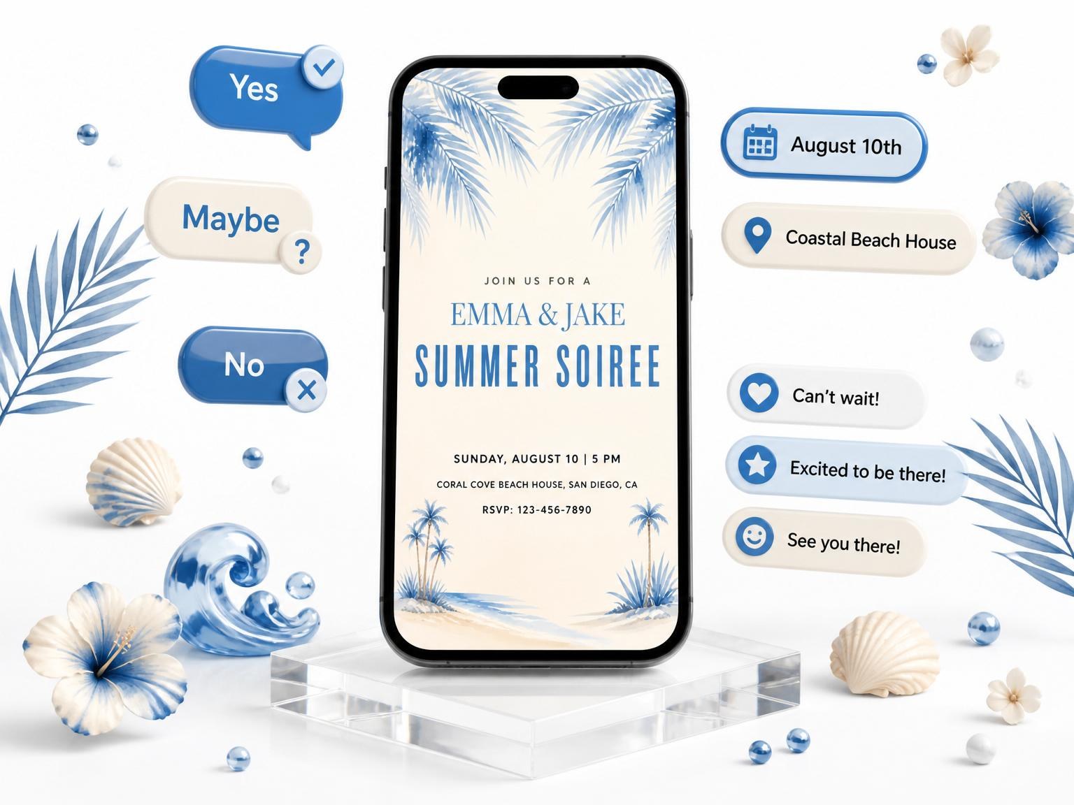 The Blue Watercolor Palm Summer Soiree invitation on a phone, with guest RSVPs arriving around it