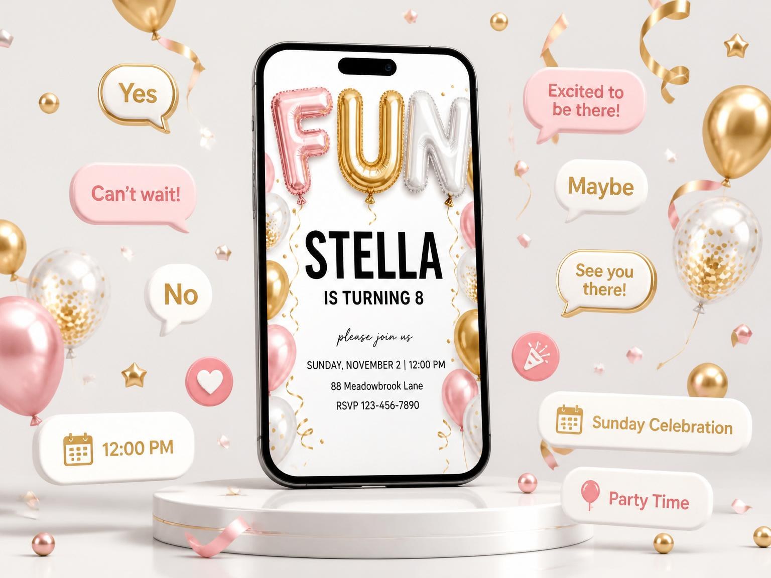 The Metallic Balloon 8th Birthday Invitation invitation on a phone, with guest RSVPs arriving around it