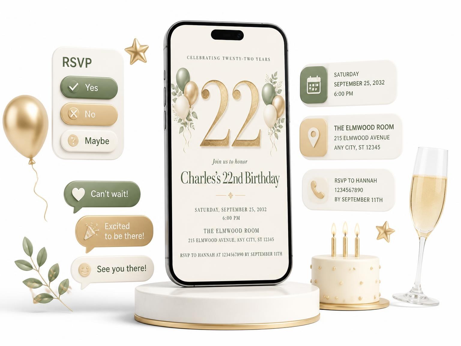 The Sage and Ivory 22nd Birthday Invitation invitation on a phone, with guest RSVPs arriving around it