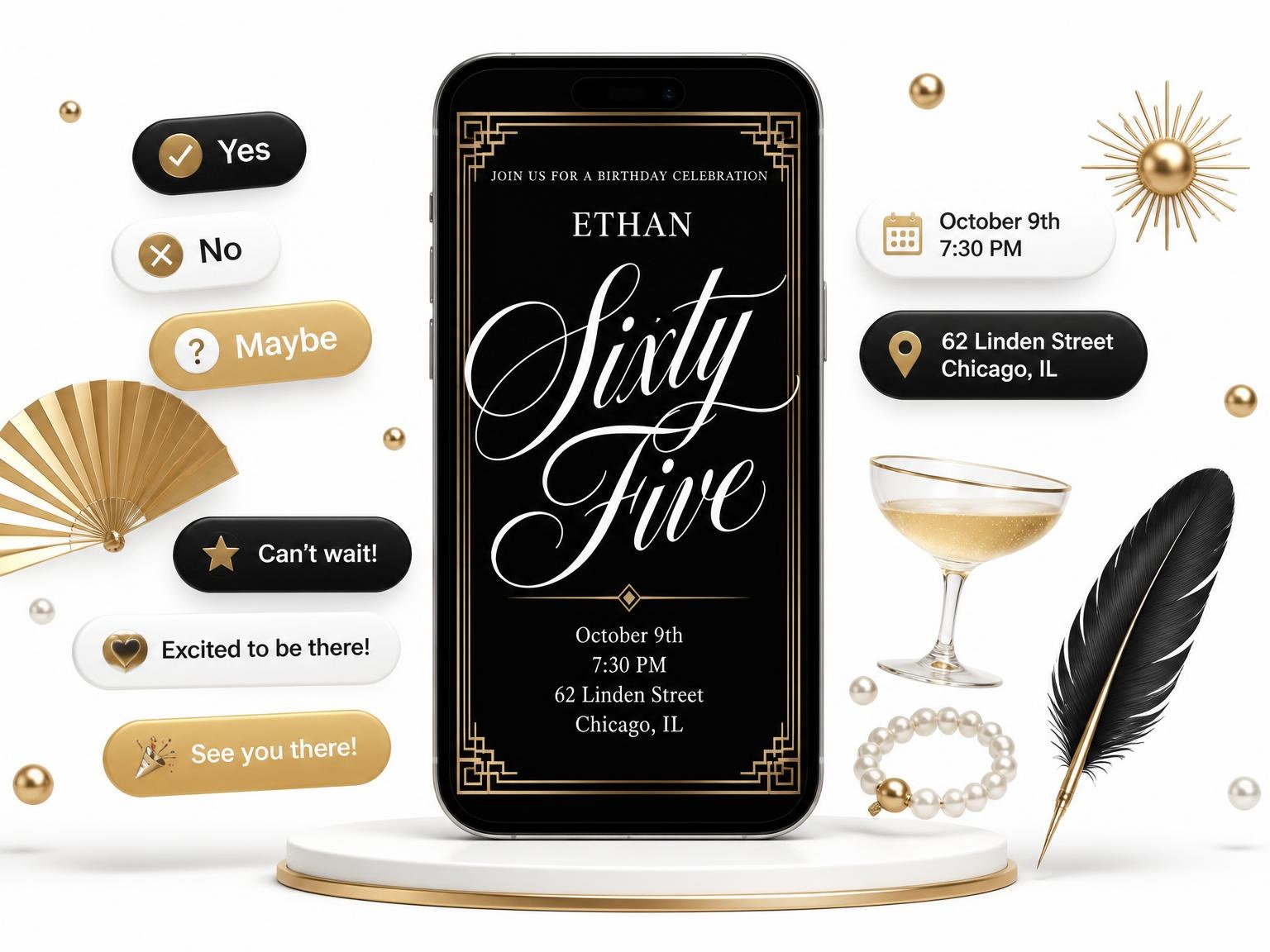 The Art Deco 65th Birthday Invitation invitation on a phone, with guest RSVPs arriving around it