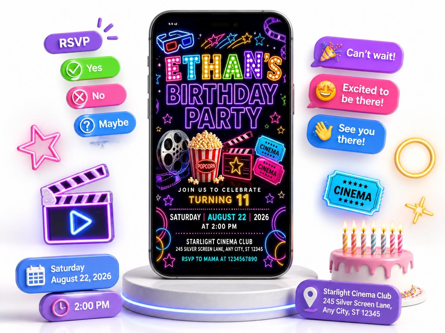 The Neon Movie Night 11th Birthday Invitation invitation on a phone, with guest RSVPs arriving around it