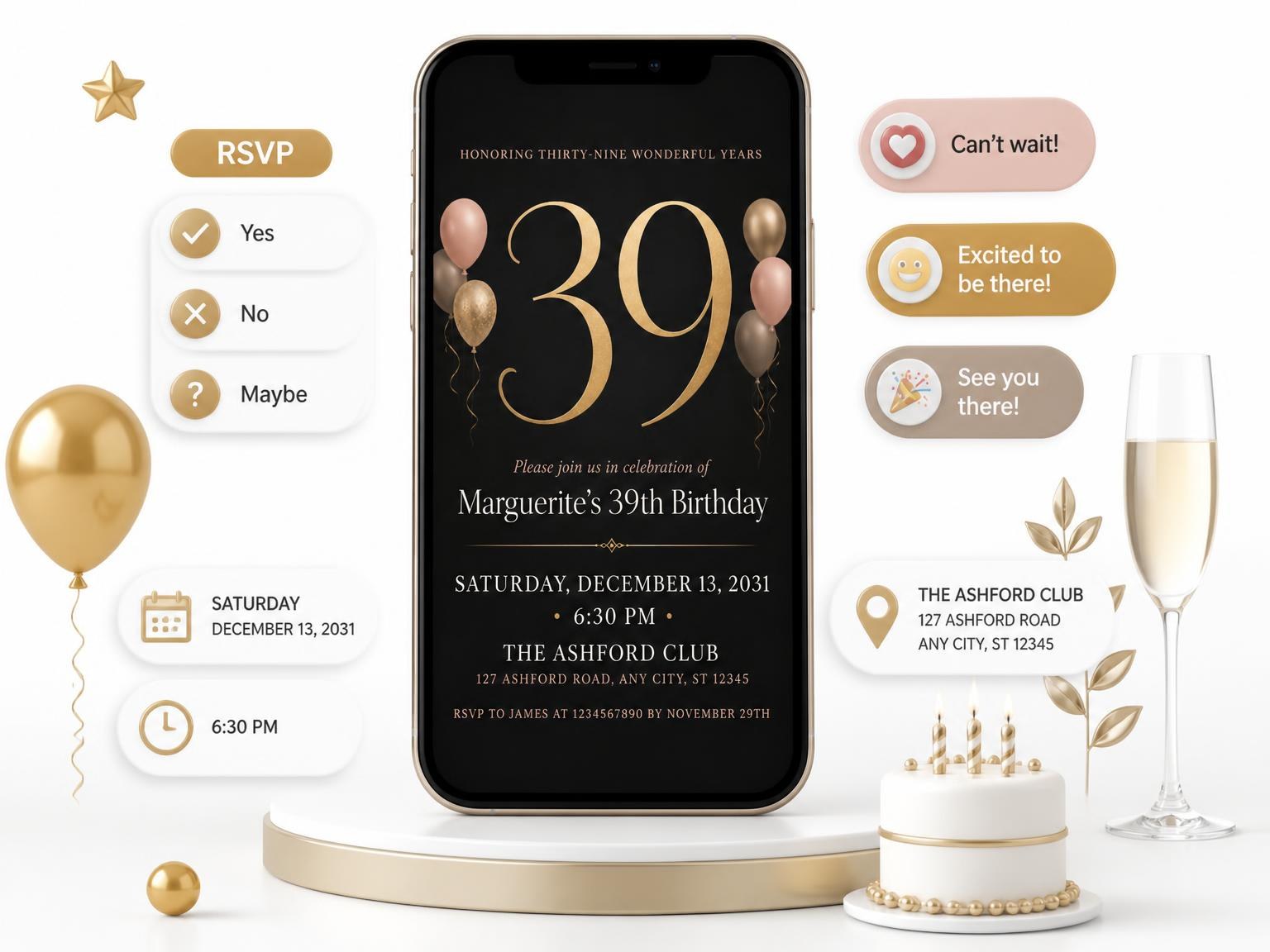 The Charcoal and Blush 39th Birthday Invitation invitation on a phone, with guest RSVPs arriving around it