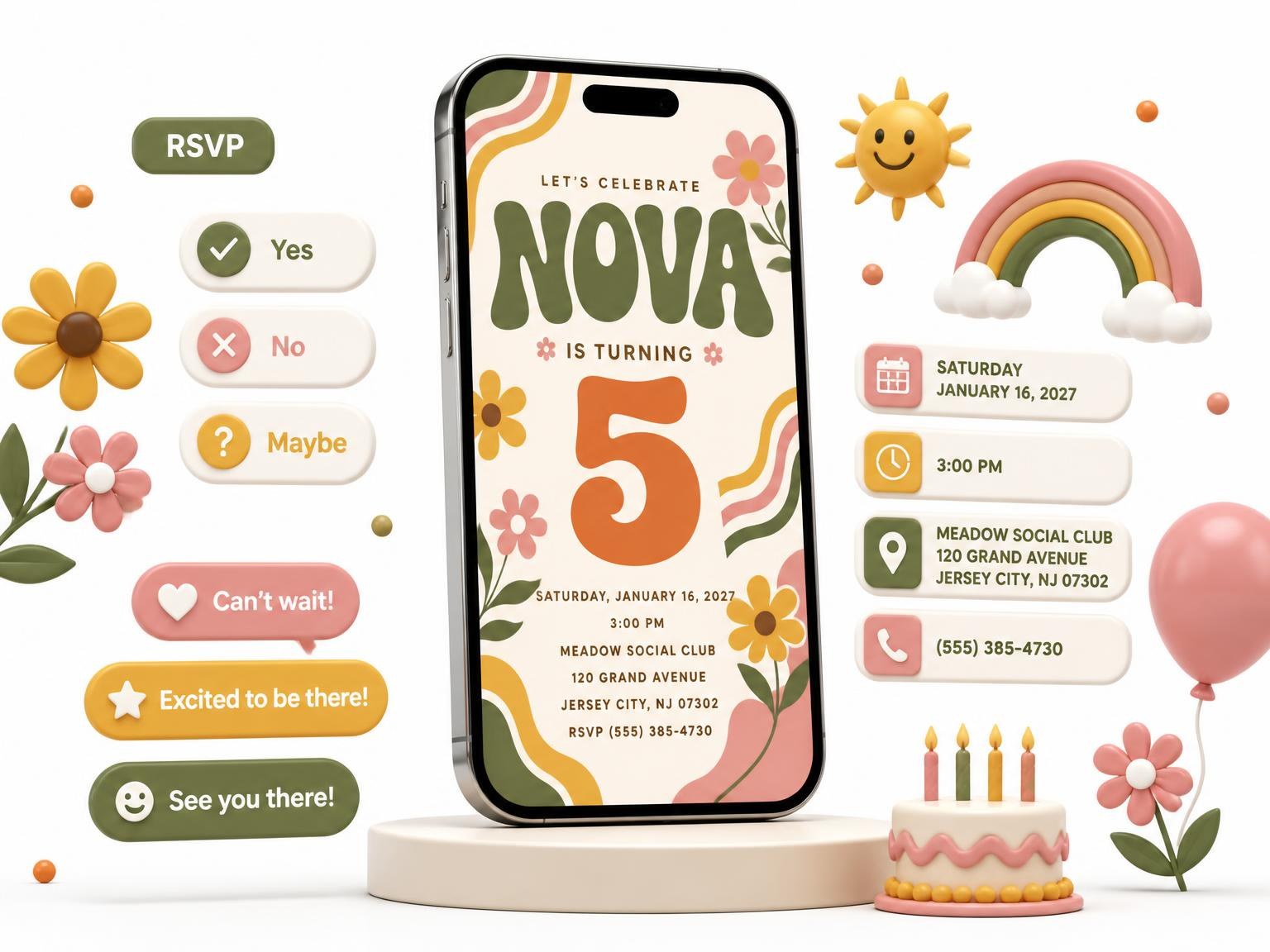 The Groovy Retro 5th Birthday Invitation invitation on a phone, with guest RSVPs arriving around it
