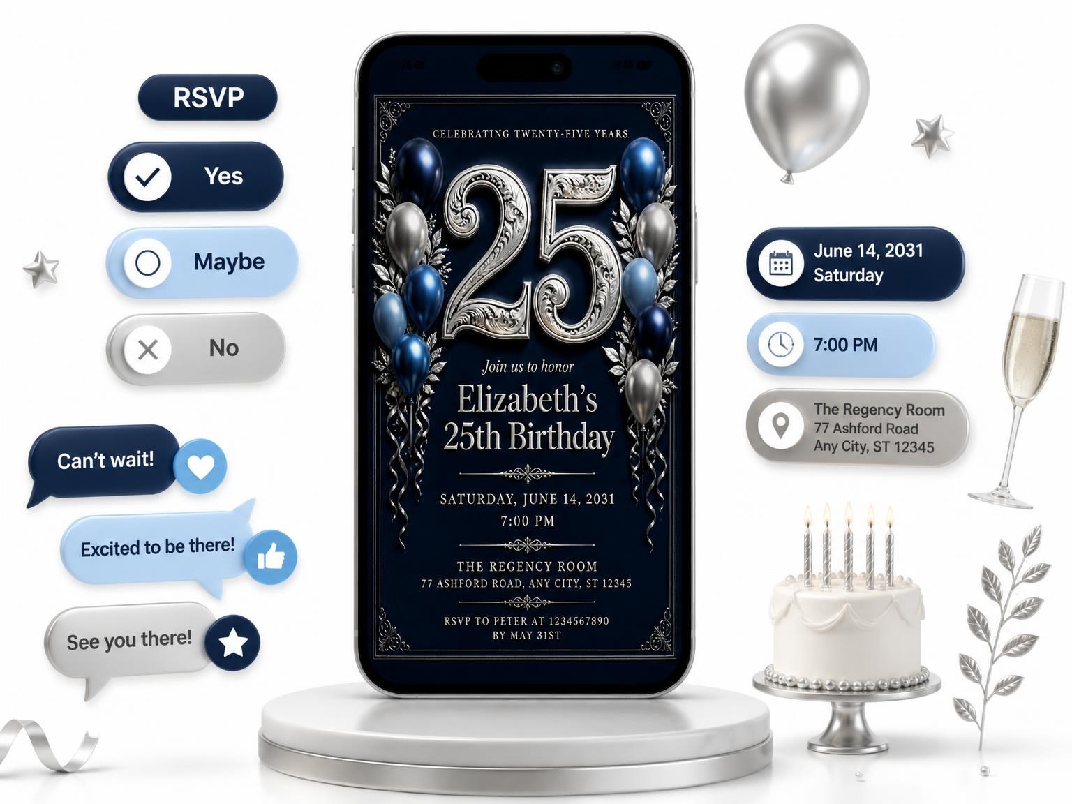 The Navy and Silver 25th Birthday Invitation invitation on a phone, with guest RSVPs arriving around it