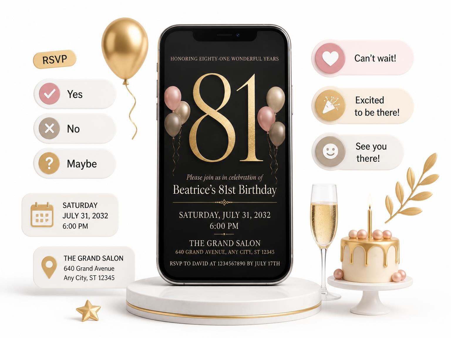 The Charcoal and Blush 81st Birthday Invitation invitation on a phone, with guest RSVPs arriving around it