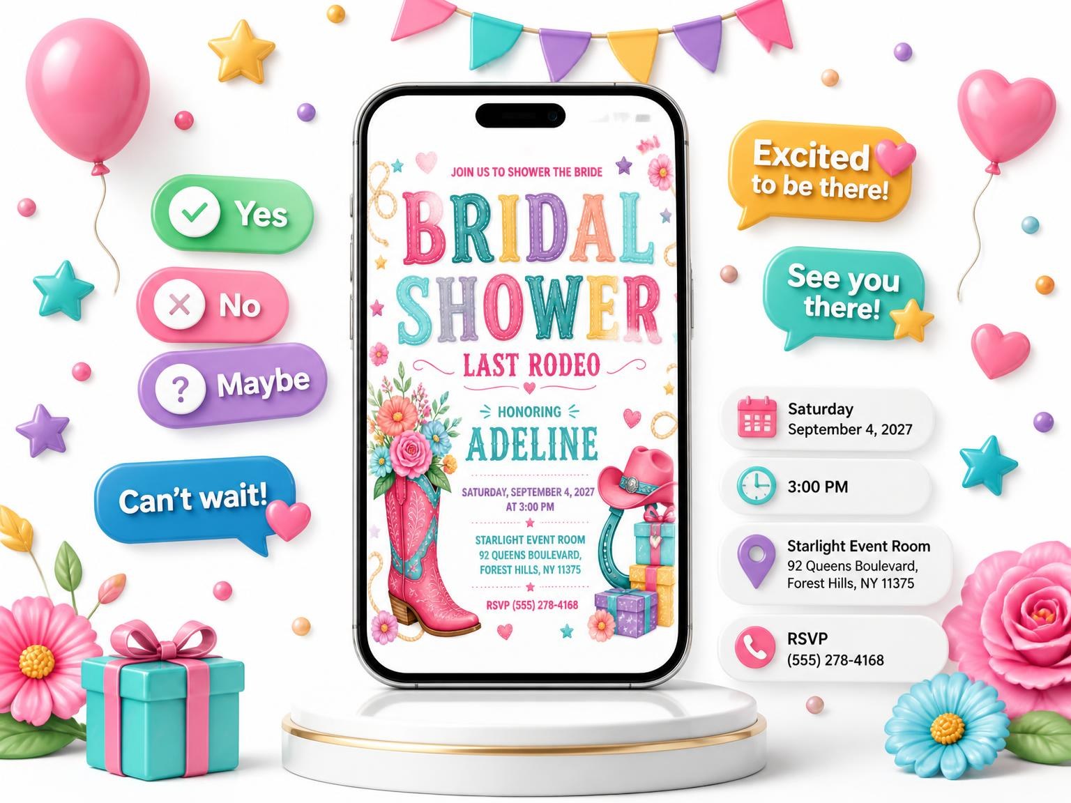 The Floral Cowgirl Boot Bridal Shower Invitation invitation on a phone, with guest RSVPs arriving around it