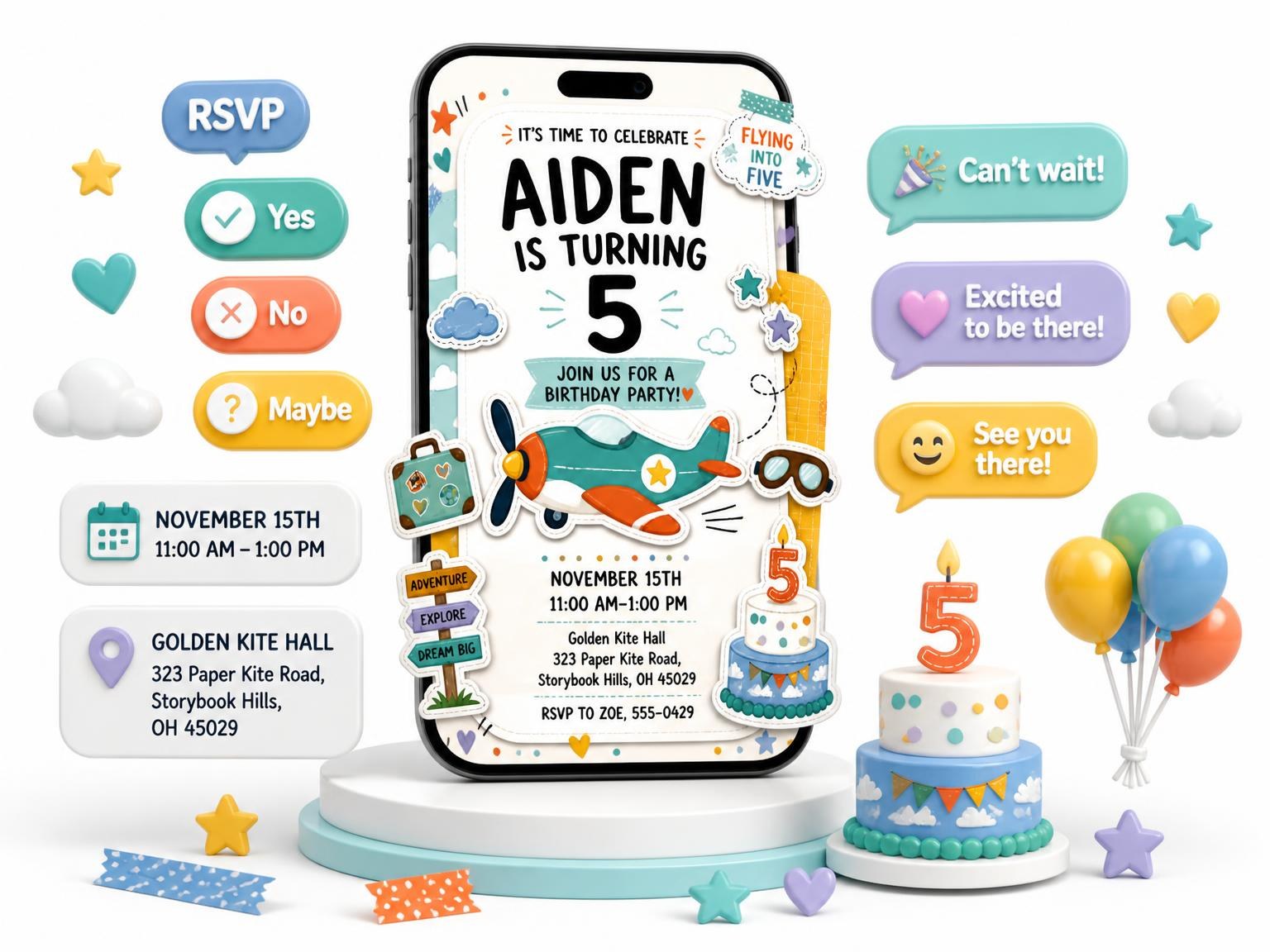 The Propeller Airplane 5th Birthday Invitation invitation on a phone, with guest RSVPs arriving around it