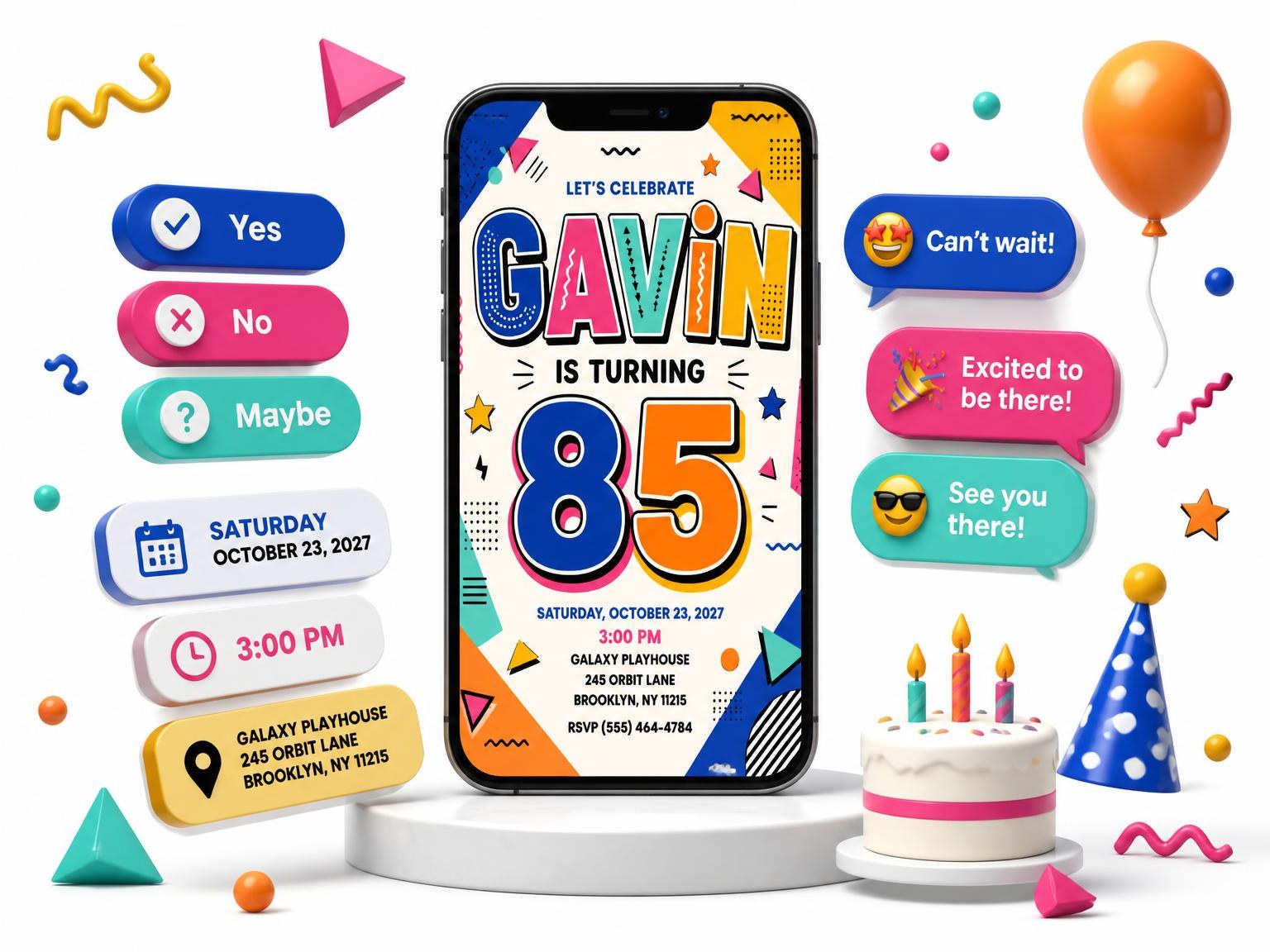 The Memphis Pop 85th Birthday Invitation invitation on a phone, with guest RSVPs arriving around it