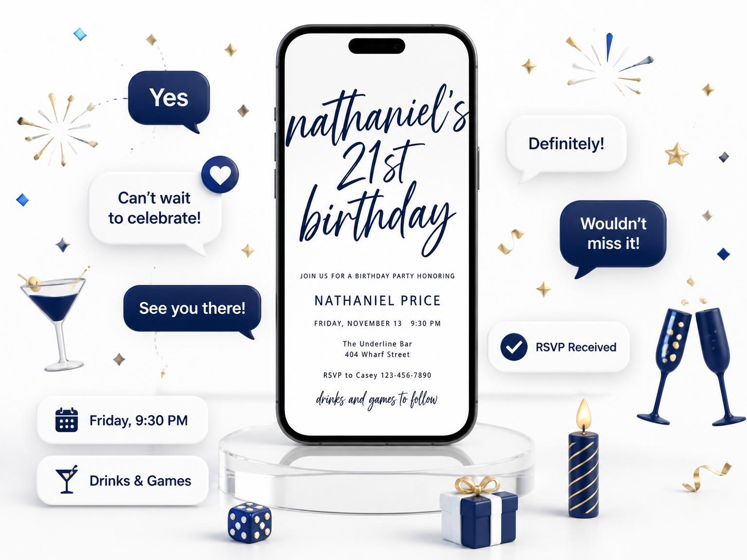 The Navy Brush Script 21st Birthday Invitation invitation on a phone, with guest RSVPs arriving around it