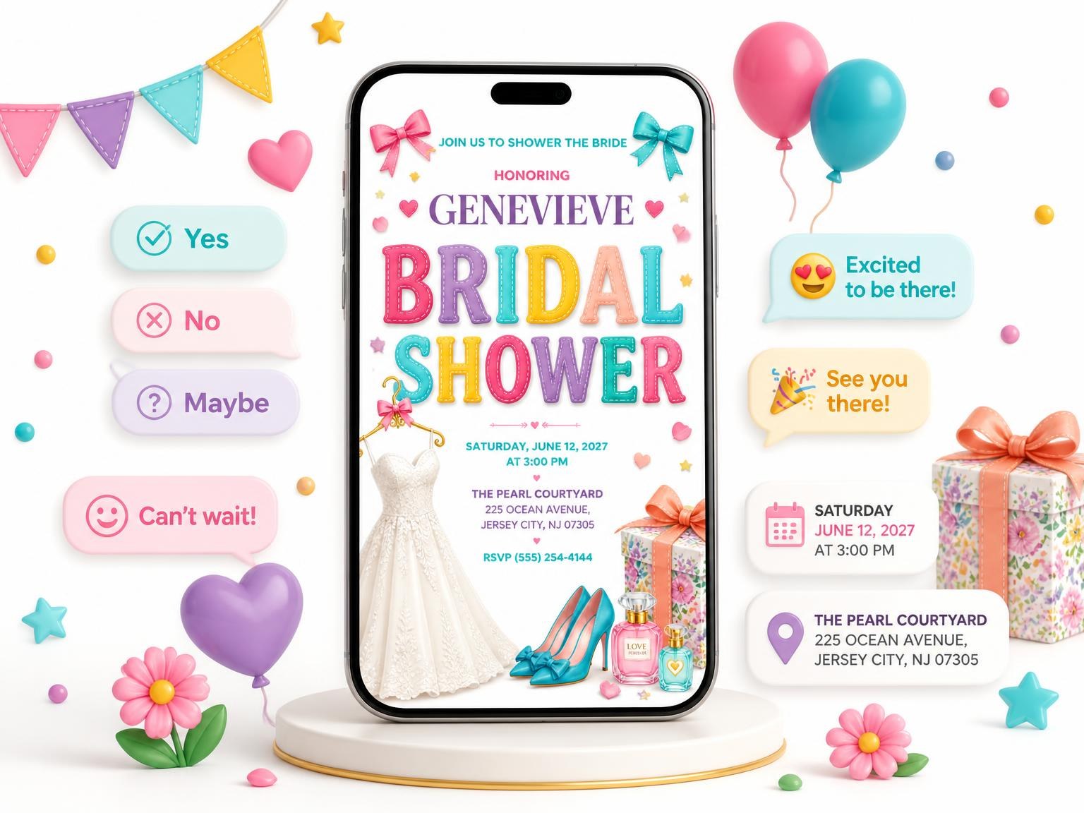 The Glam Bridal Shower Invitation invitation on a phone, with guest RSVPs arriving around it