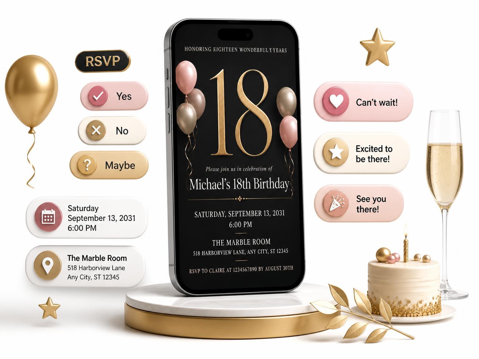 The Charcoal and Blush 18th Birthday Invitation invitation on a phone, with guest RSVPs arriving around it