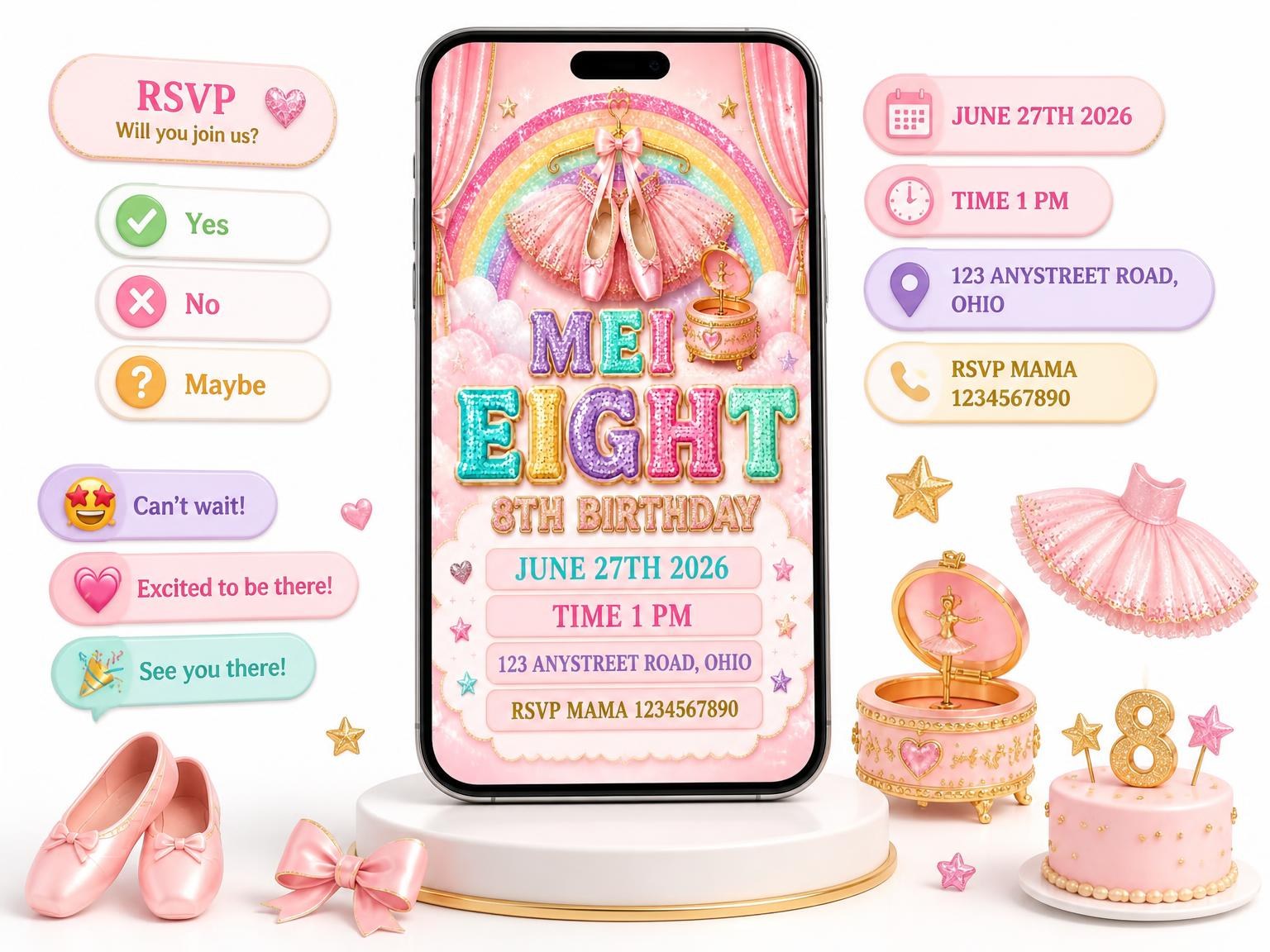 The Glitter Ballet 8th Birthday Invitation invitation on a phone, with guest RSVPs arriving around it