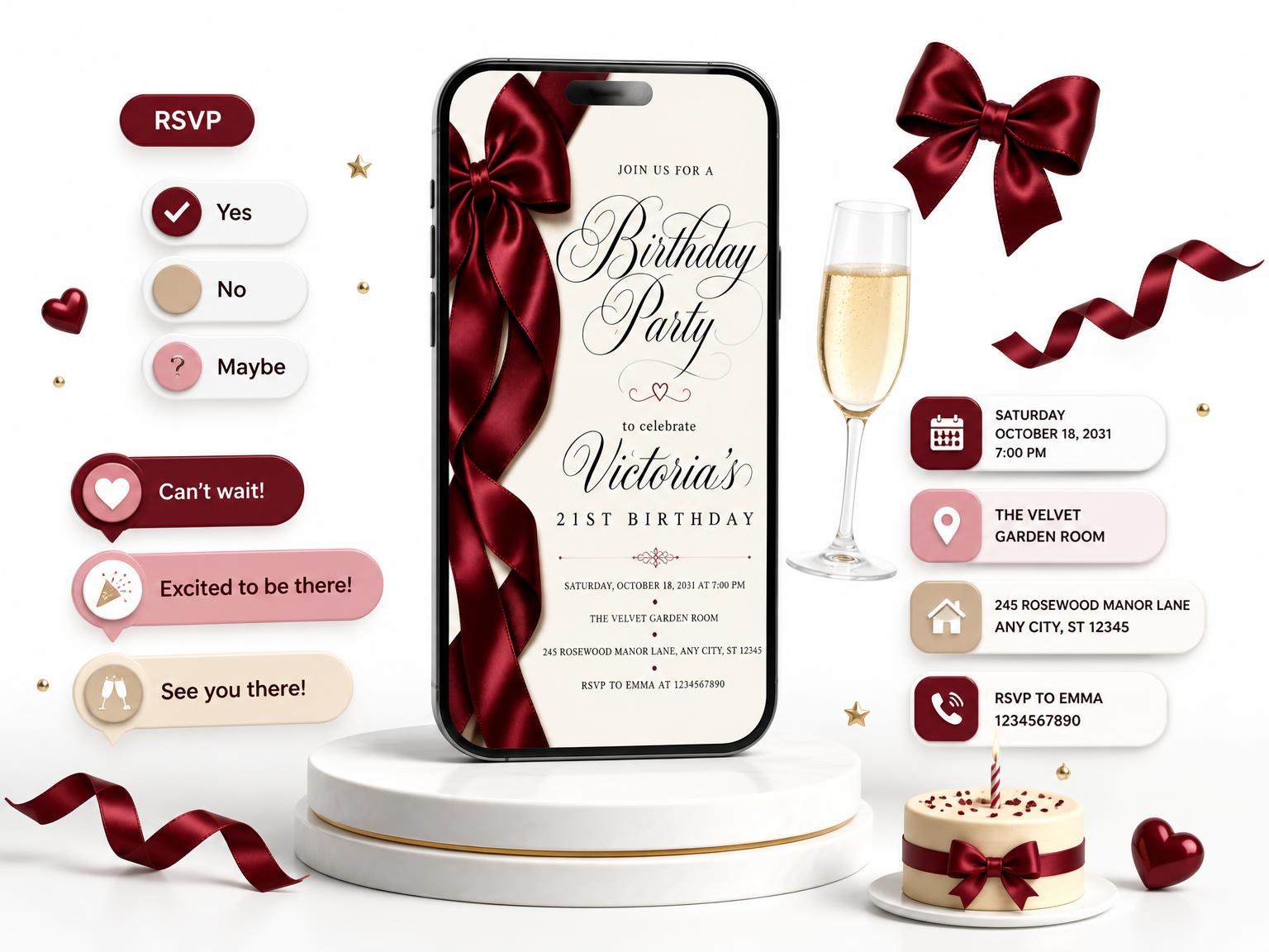 The Burgundy Satin Bow 21st Birthday Invitation invitation on a phone, with guest RSVPs arriving around it