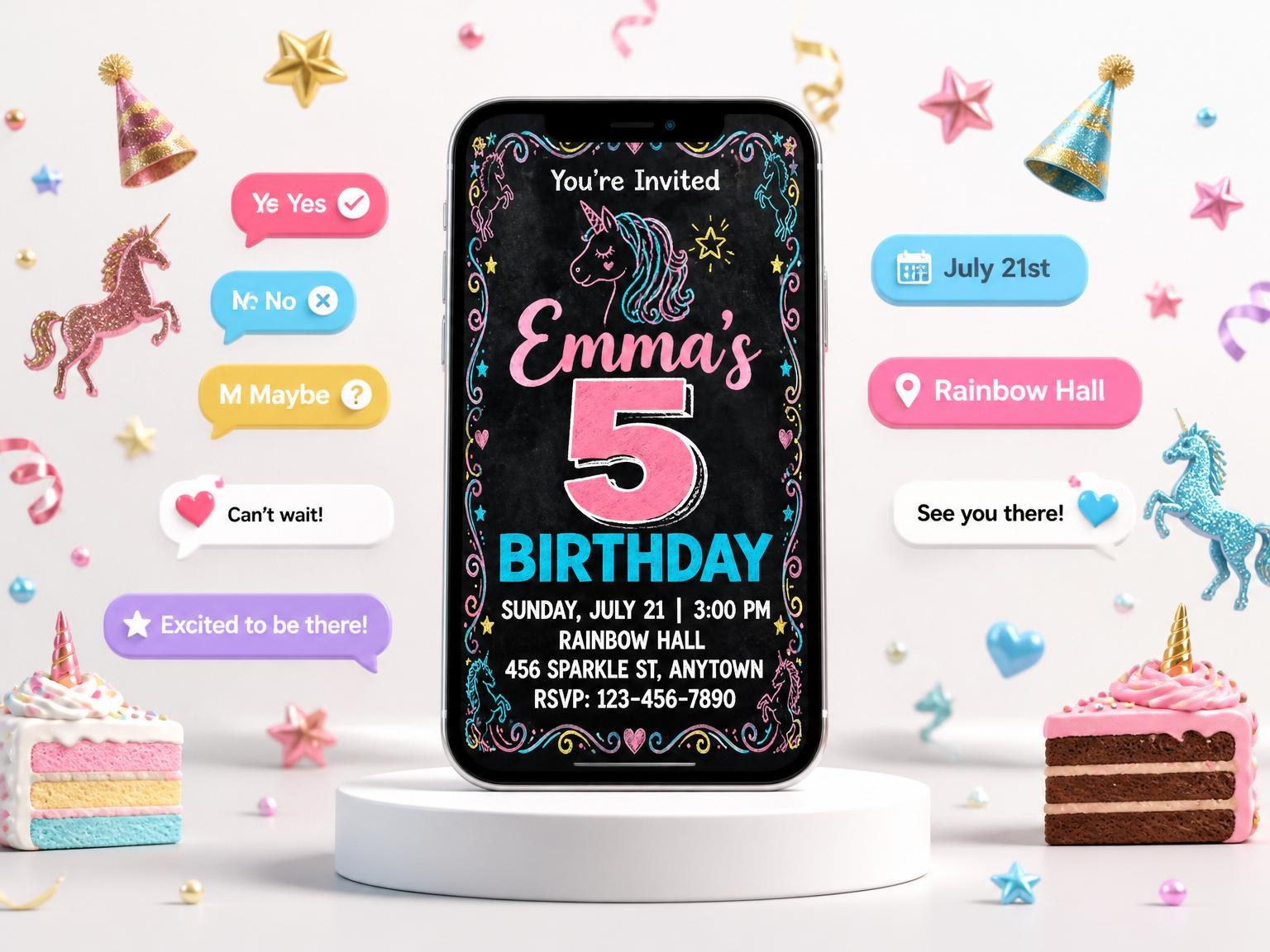 The Chalkboard Pastel Unicorn 5th Birthday Invite invitation on a phone, with guest RSVPs arriving around it
