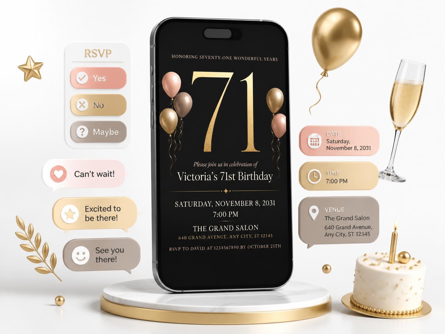The Charcoal and Blush 71st Birthday Invitation invitation on a phone, with guest RSVPs arriving around it