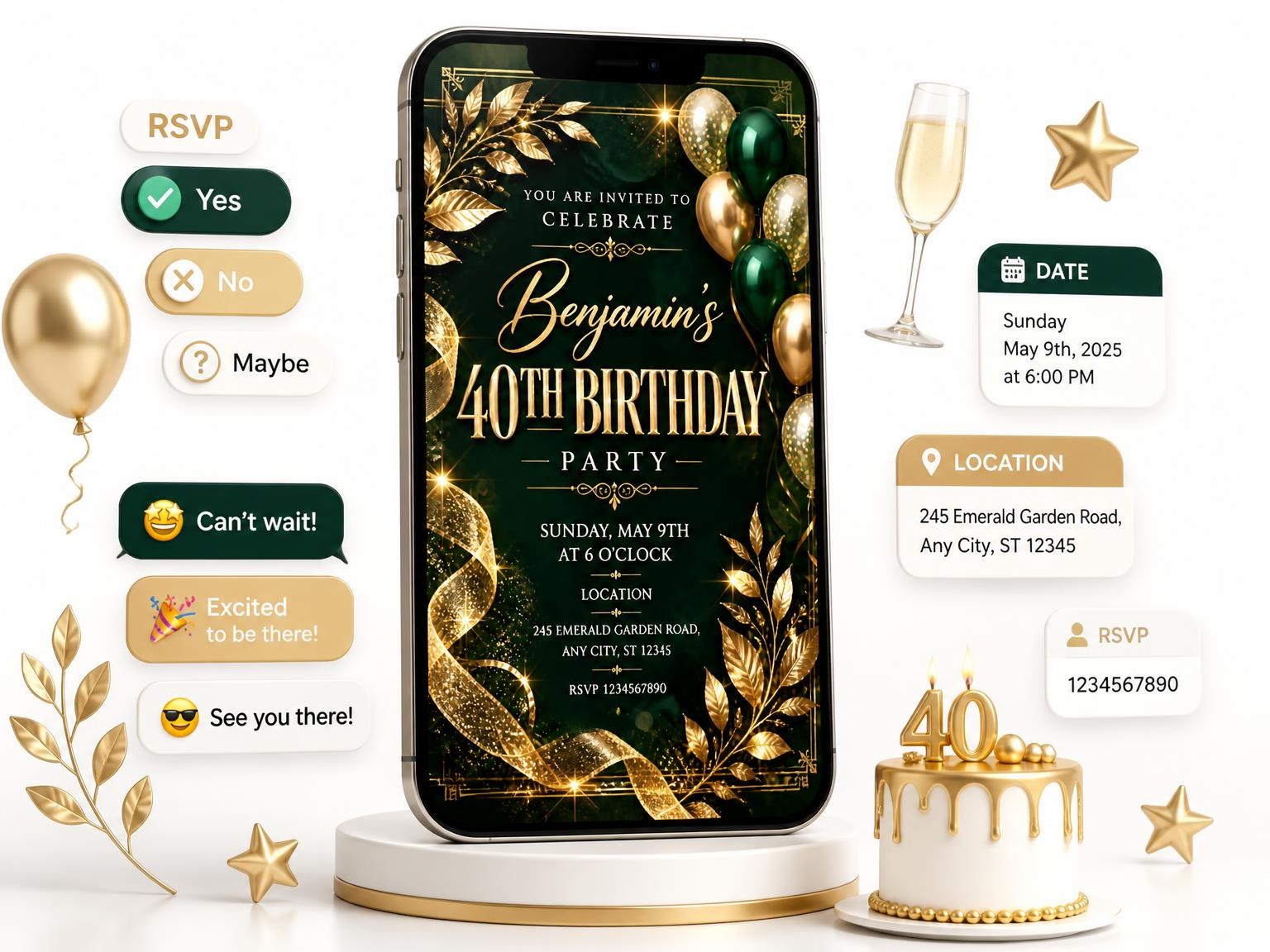 The Emerald and Champagne 40th Birthday Invitation invitation on a phone, with guest RSVPs arriving around it