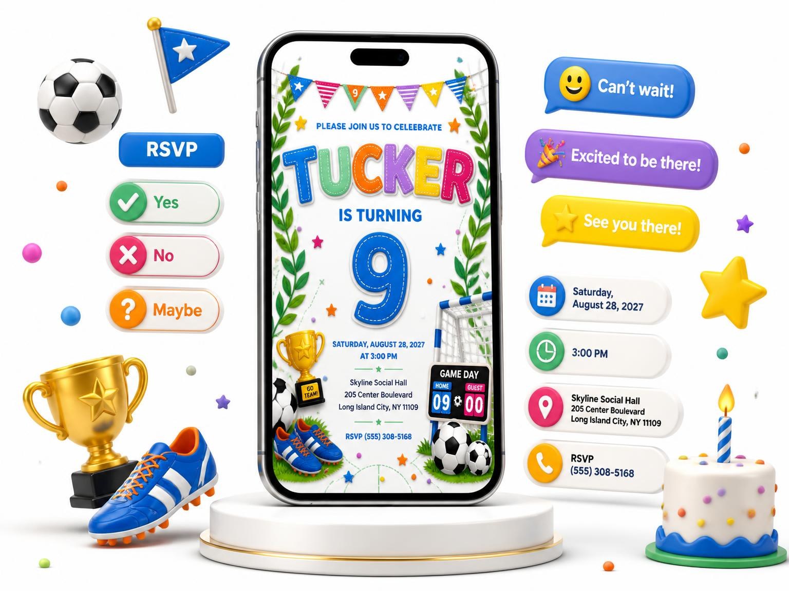 The Stitched Soccer 9th Birthday Invitation invitation on a phone, with guest RSVPs arriving around it